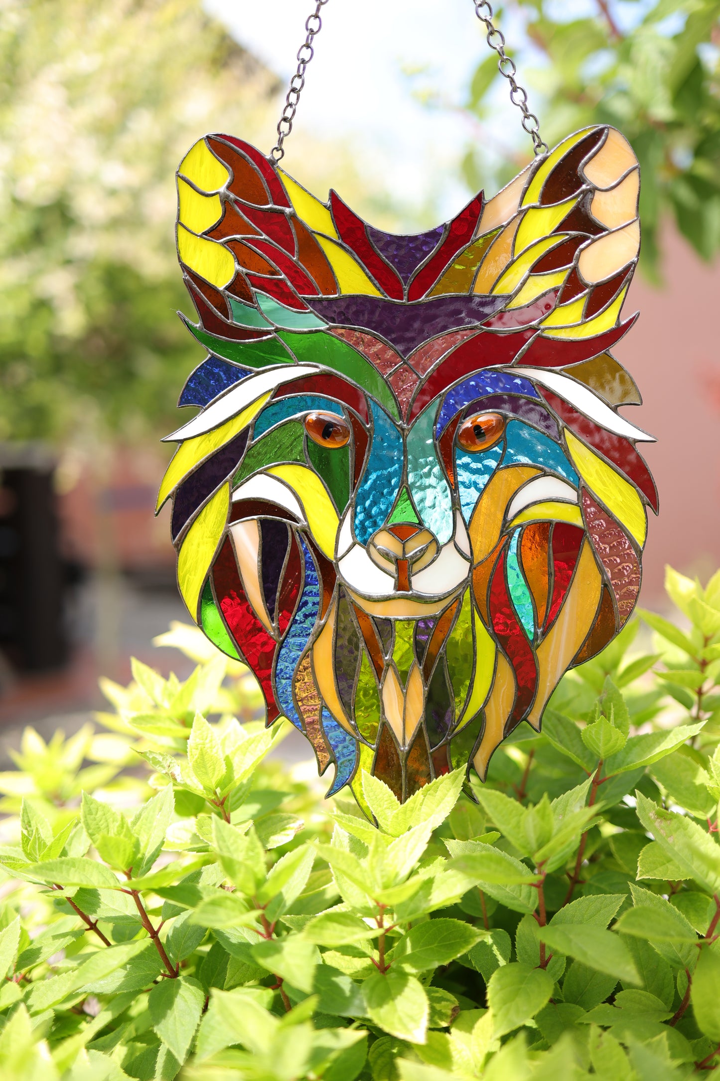 Stained Glass Wolf Suncatcher – Handmade Colorful Wolf Window Hanging
