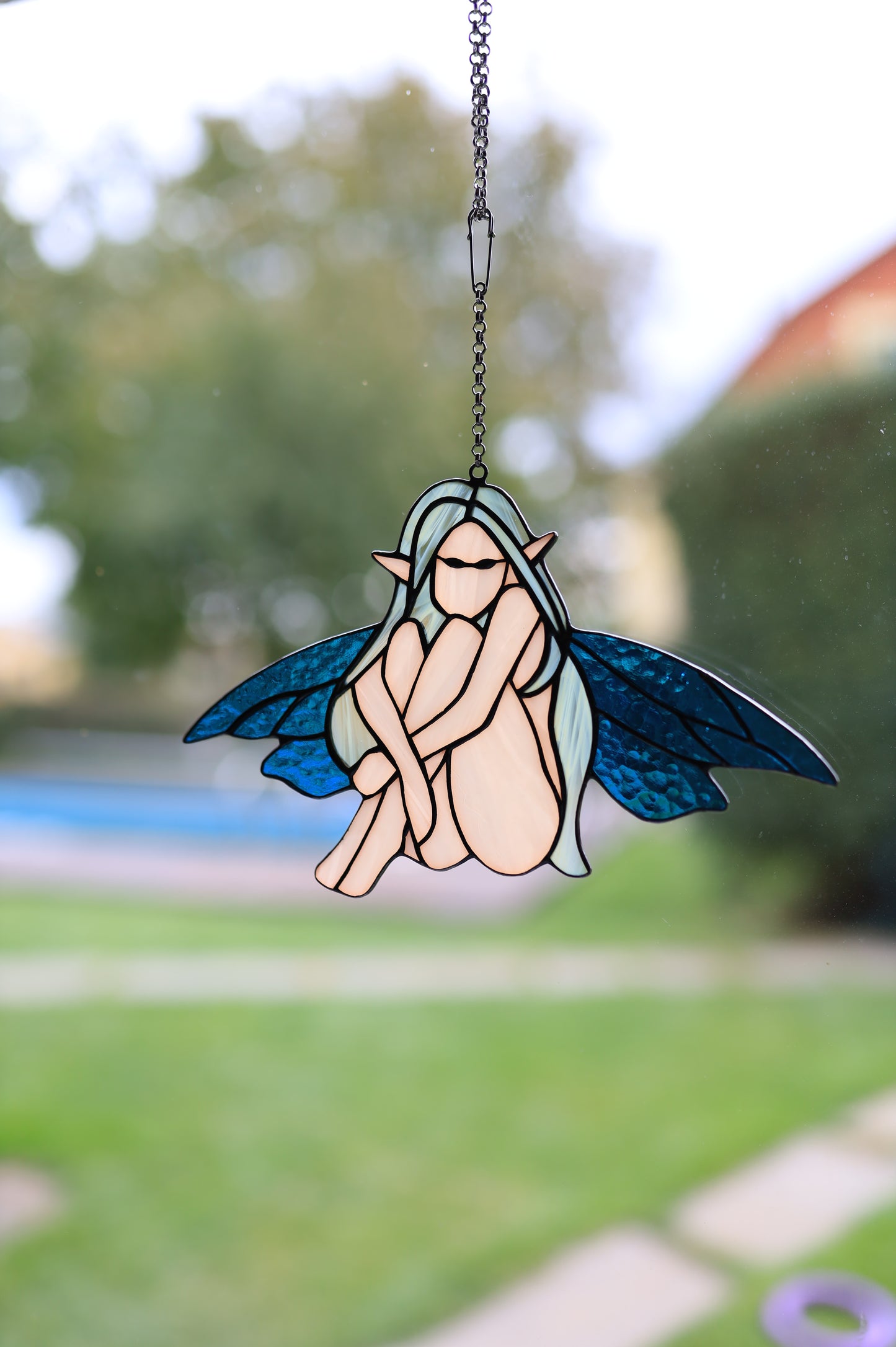 Stained Glass Fairy Suncatcher with Blue Wings | Handmade Window Decor
