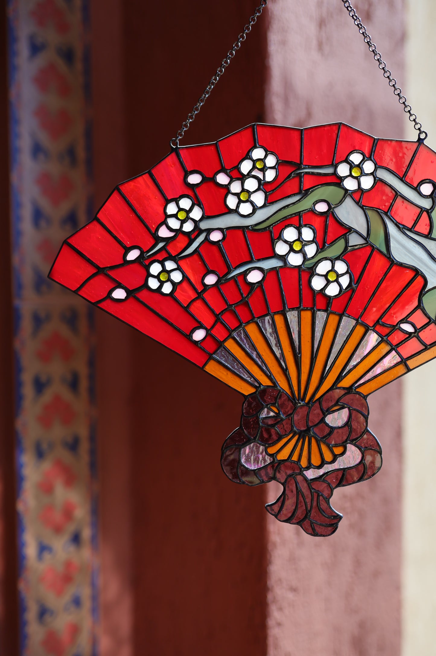 Stained Glass Japanese Fan Sun Catcher – Handmade Floral Window Hanging