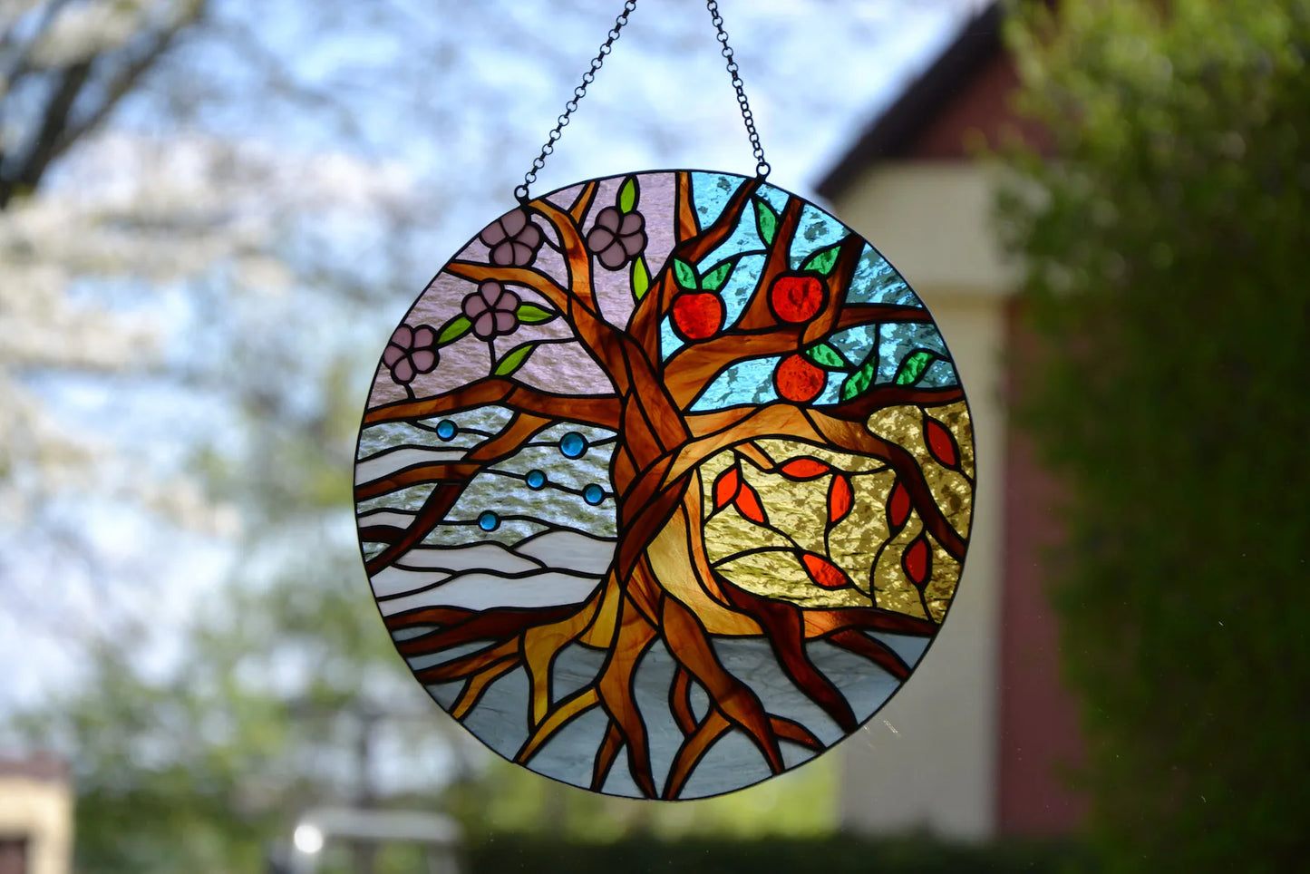 Stained glass suncatcher Four Seasons Tree of Life Stain glass panel Patio decor Birthday gift Hand made sun catcher Wall decor Custom art