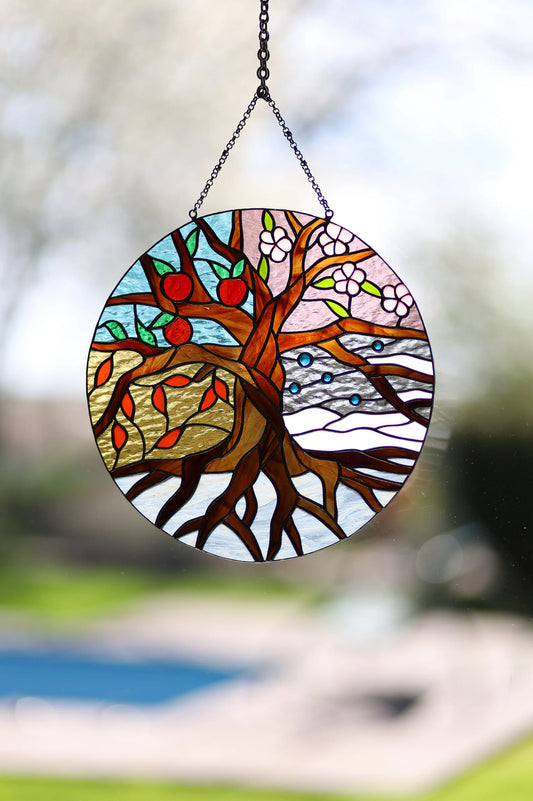 Stained glass suncatcher Four Seasons Tree of Life Stain glass panel Patio decor Birthday gift Hand made sun catcher Wall decor Custom art