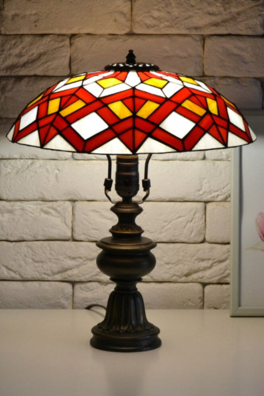 Tiffany lamp Stained glass lamp Geometric pattern Red table lamp Desk lamp Bronze base Mother's day gift