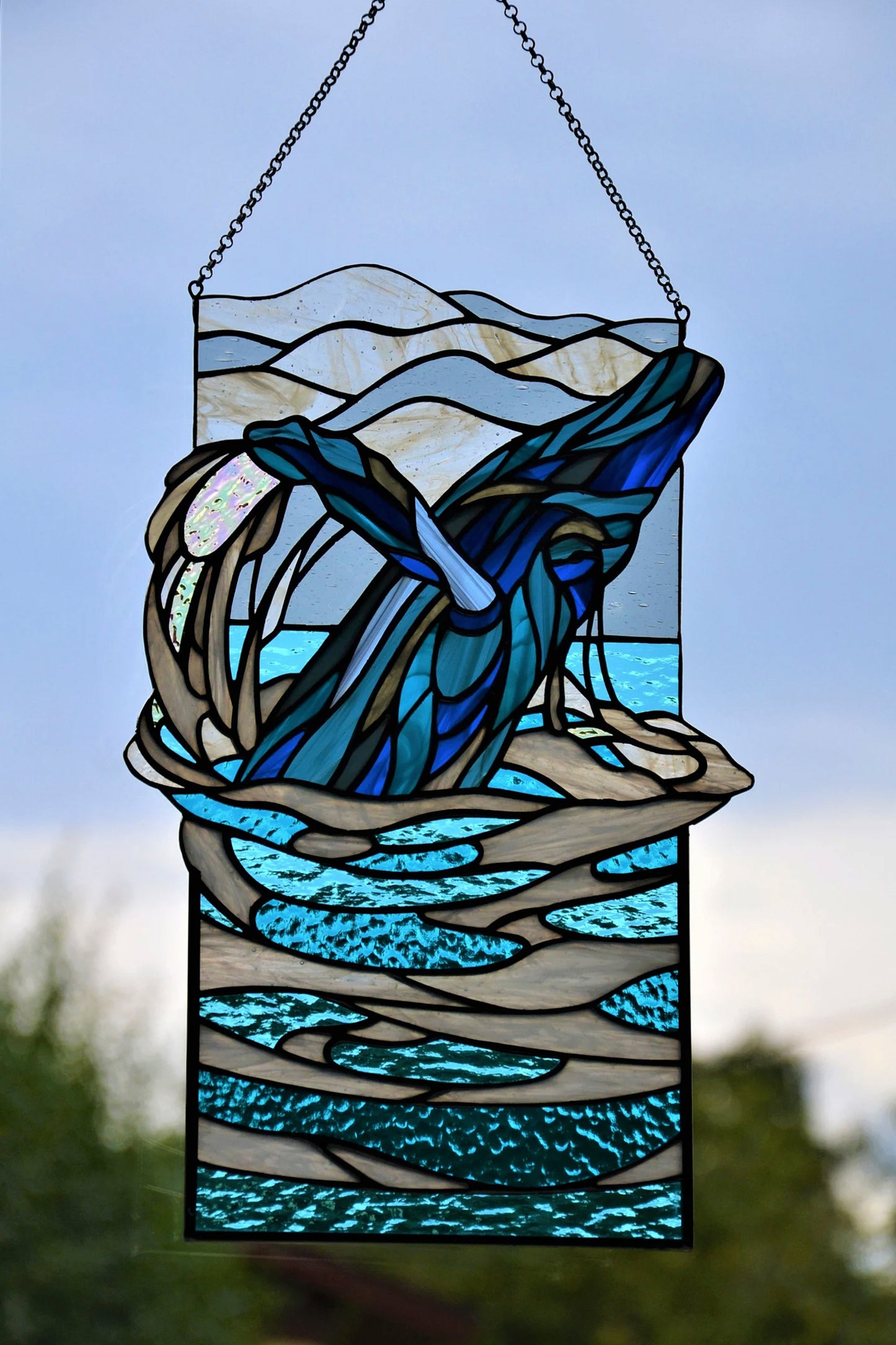 Stained glass panel Whale Window hanging picture Stained glass suncatcher Ocean Wall decor Travel memories Stained glass gift