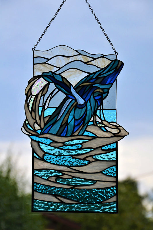 Stained glass panel Whale Window hanging picture Stained glass suncatcher Ocean Wall decor Travel memories Stained glass gift