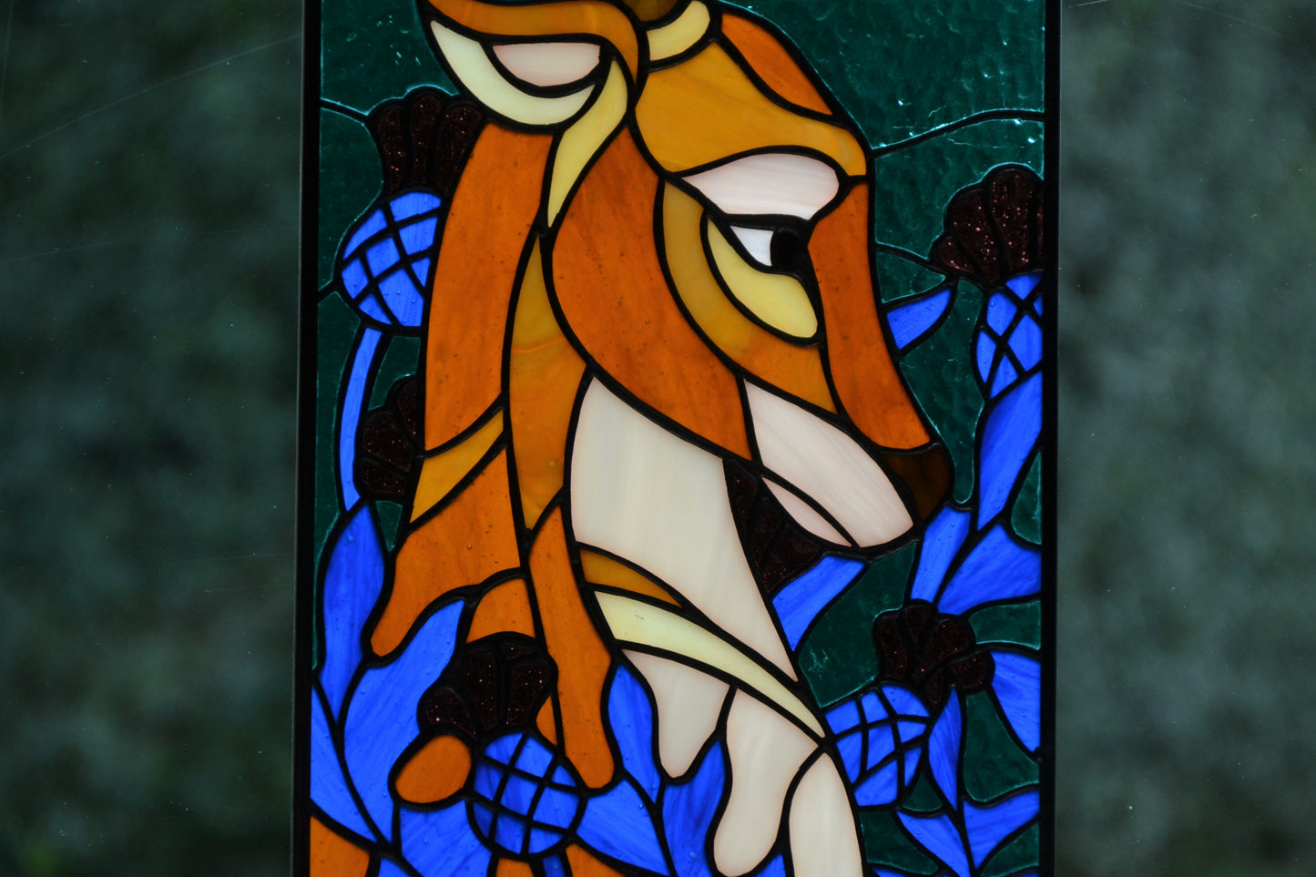 Stained glass panel Deer in thistle stained glass window hanging panel Home decor Stain glass panel First home gift Glass animals