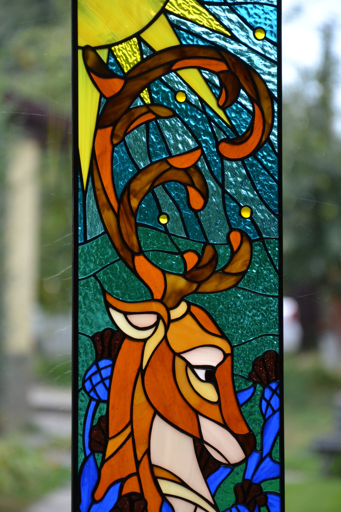 Stained glass panel Deer in thistle stained glass window hanging panel Home decor Stain glass panel First home gift Glass animals