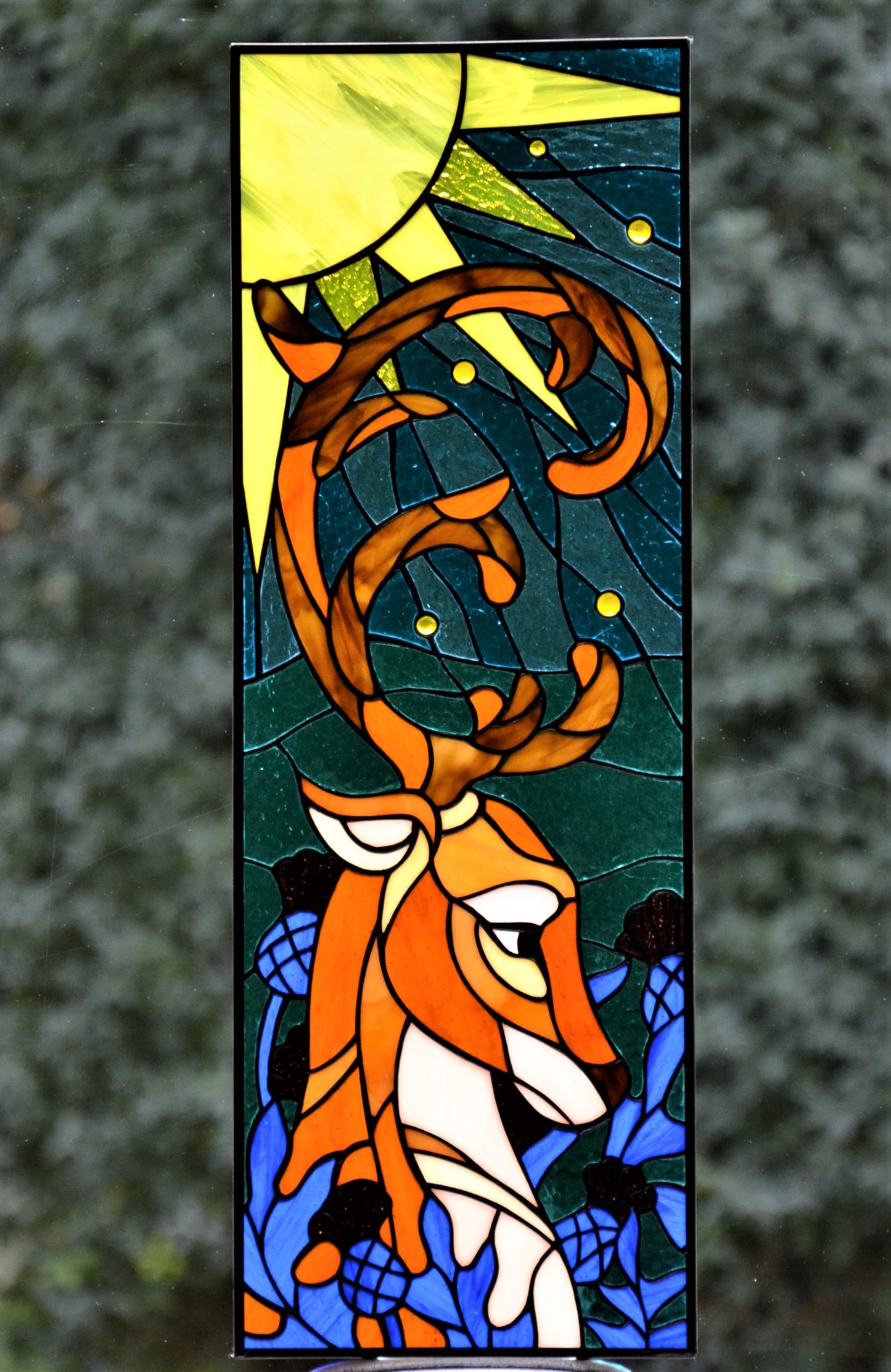 Stained glass panel Deer in thistle stained glass window hanging panel Home decor Stain glass panel First home gift Glass animals