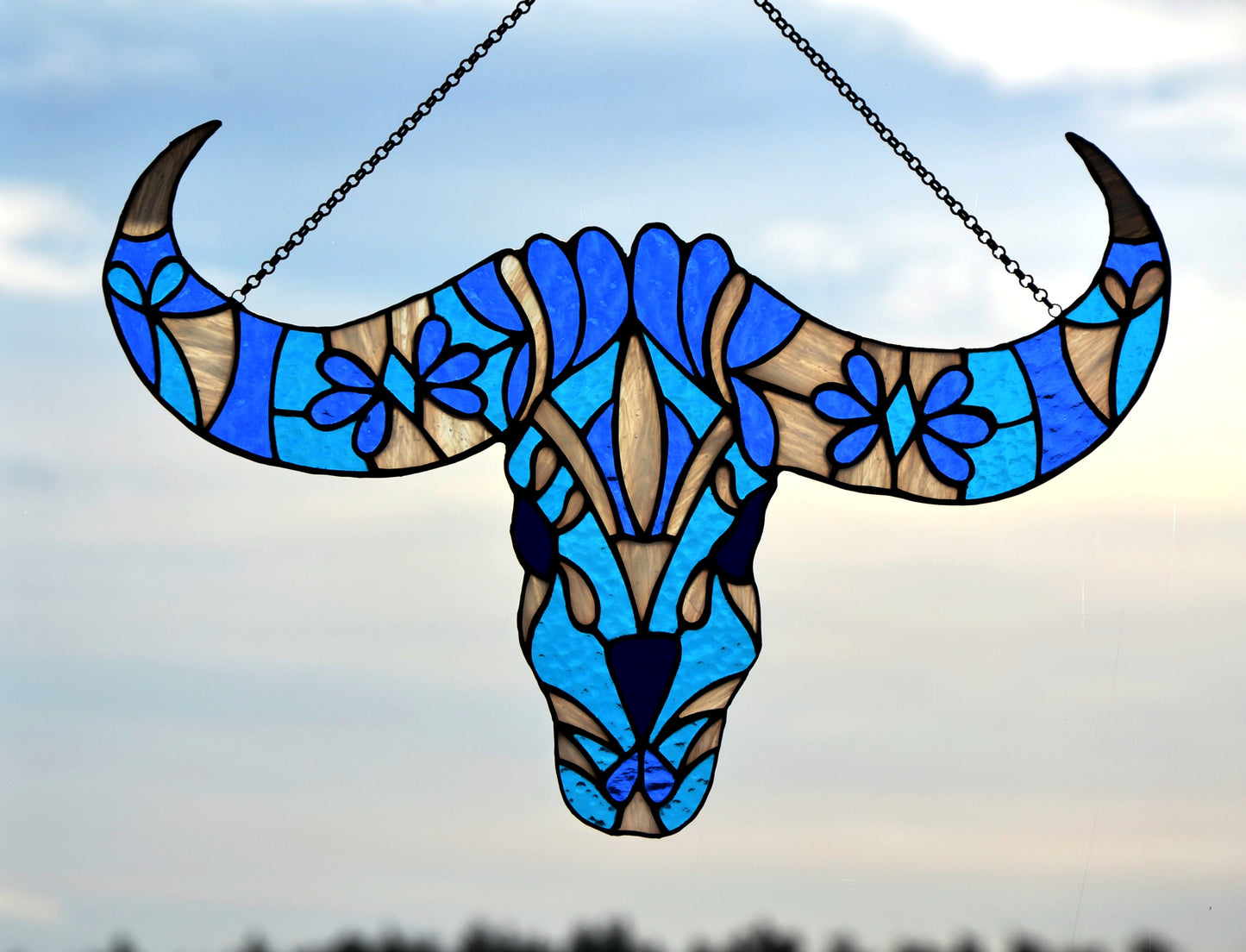 Stained glass suncatcher Window hanging Bull skull Folk art Garden decor Mother's day gift