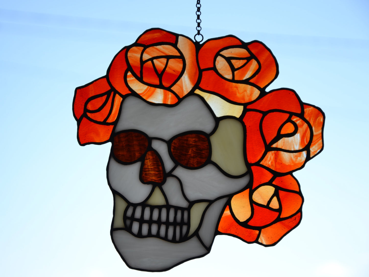 Stained glass suncatcher Grateful Dead Berta Skull and roses Music logo Glass art Santa muerte Glass calavera Gift for a man Stain glass