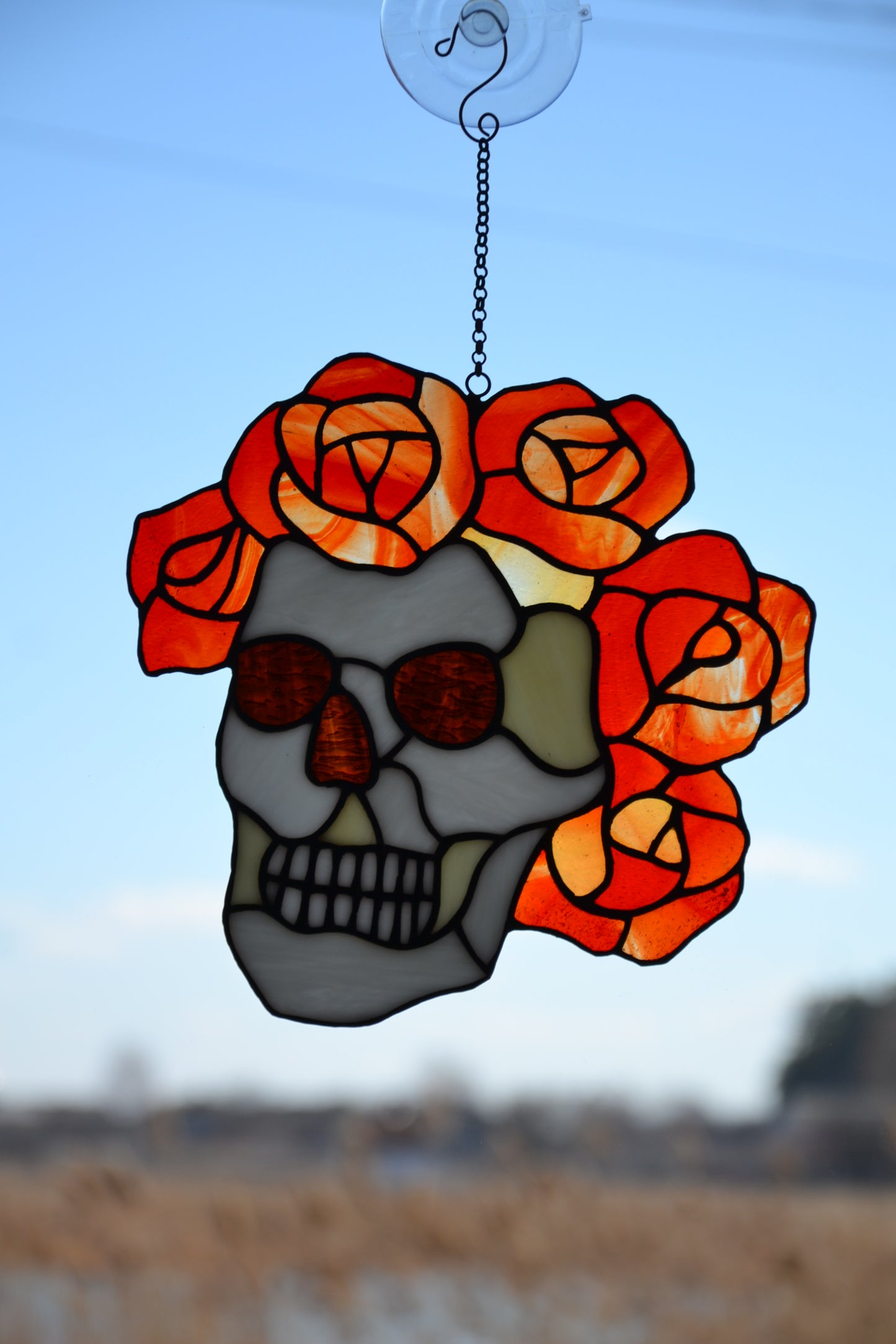 Stained glass suncatcher Grateful Dead Berta Skull and roses Music logo Glass art Santa muerte Glass calavera Gift for a man Stain glass