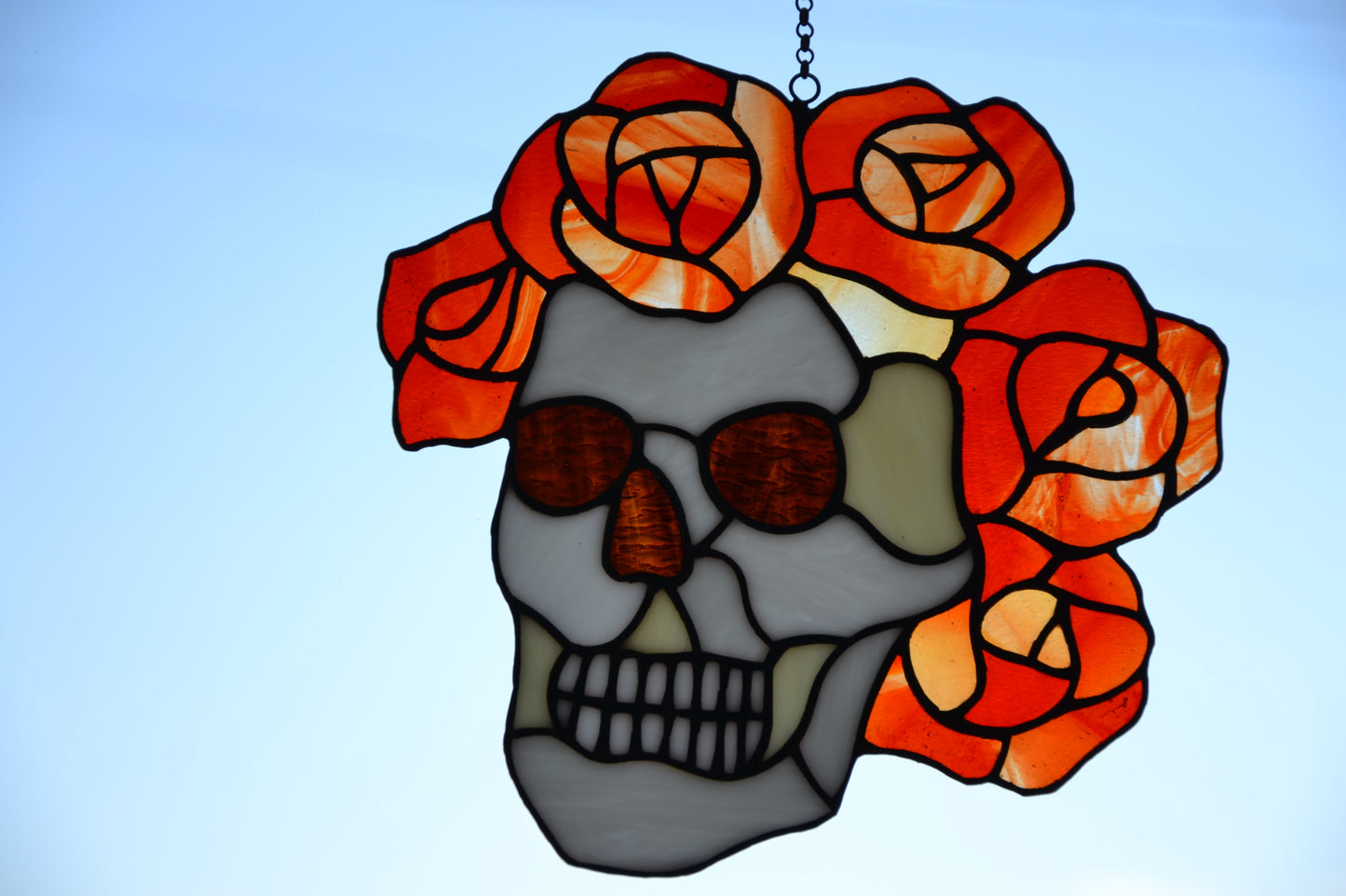 Stained glass suncatcher Grateful Dead Berta Skull and roses Music logo Glass art Santa muerte Glass calavera Gift for a man Stain glass