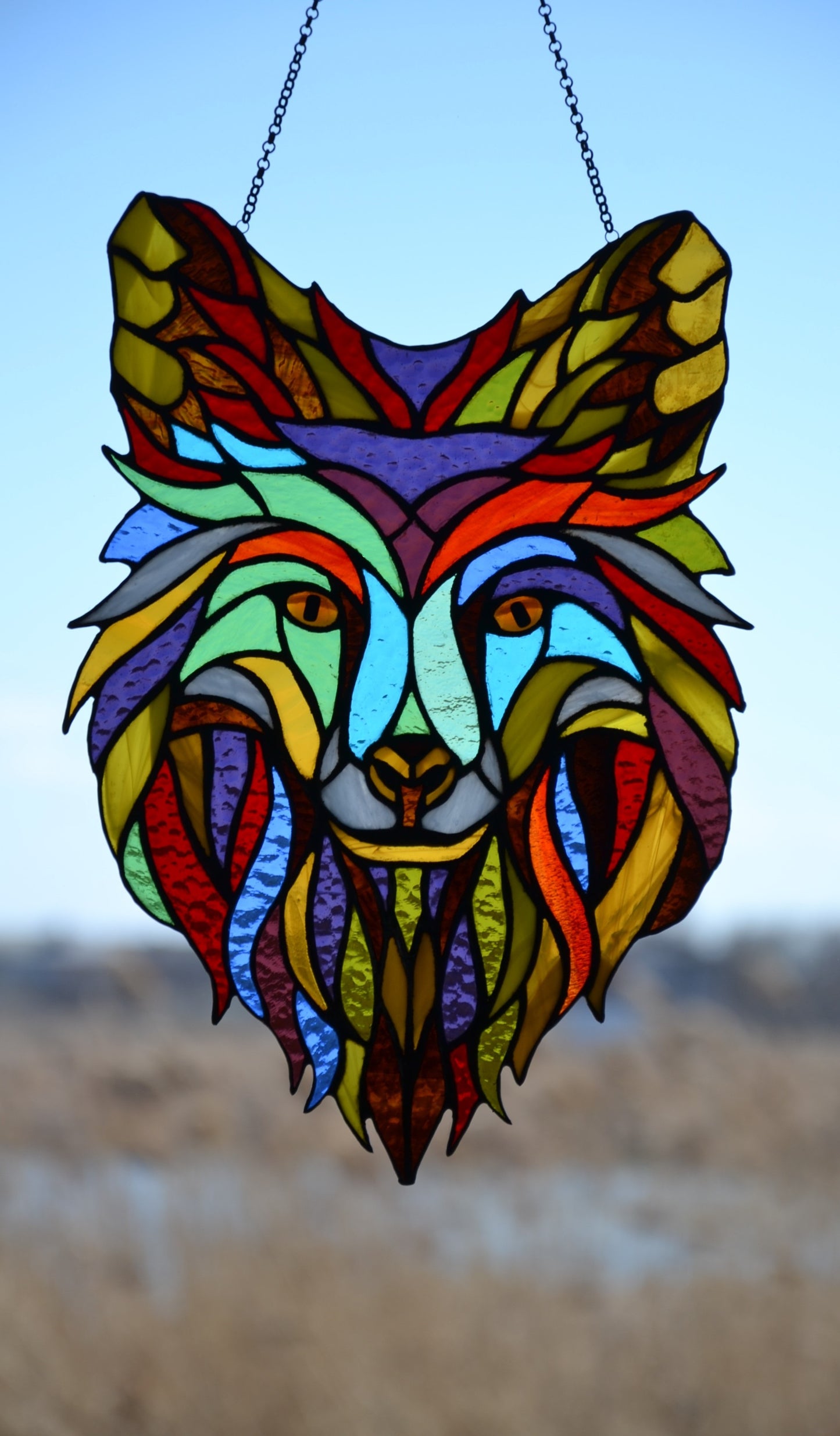 Suncatcher Stained glass window hanging Wolf glass Pop art Stained glass panel Wall decor Gift for him Stain glass pendant