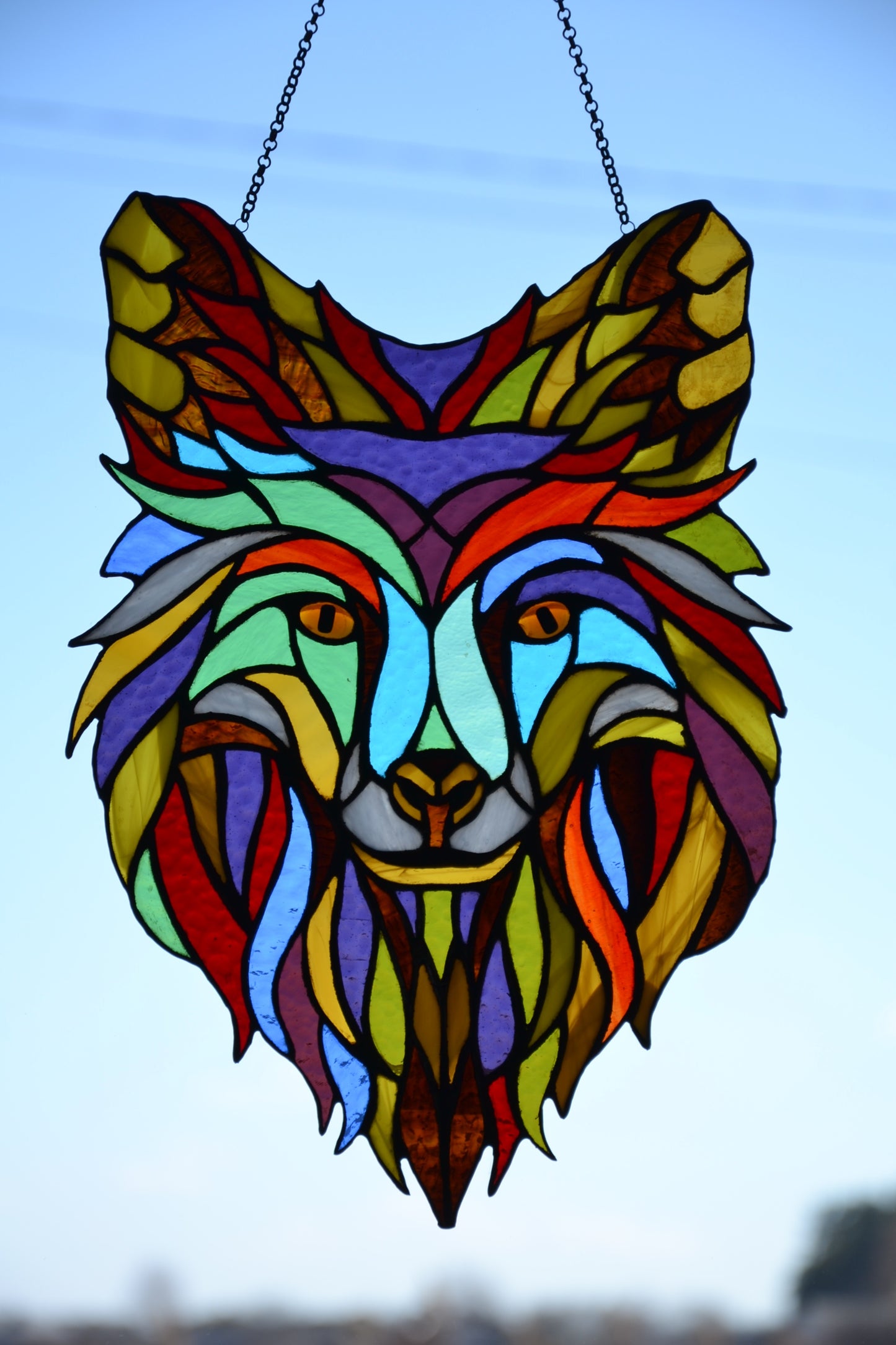Suncatcher Stained glass window hanging Wolf glass Pop art Stained glass panel Wall decor Gift for him Stain glass pendant