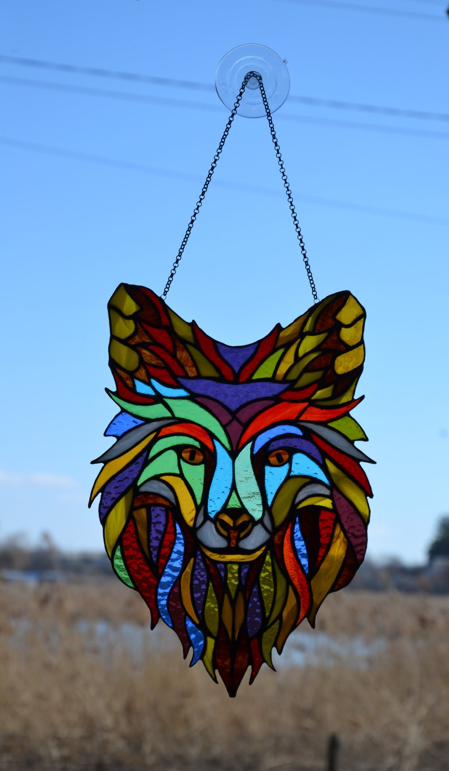 Suncatcher Stained glass window hanging Wolf glass Pop art Stained glass panel Wall decor Gift for him Stain glass pendant