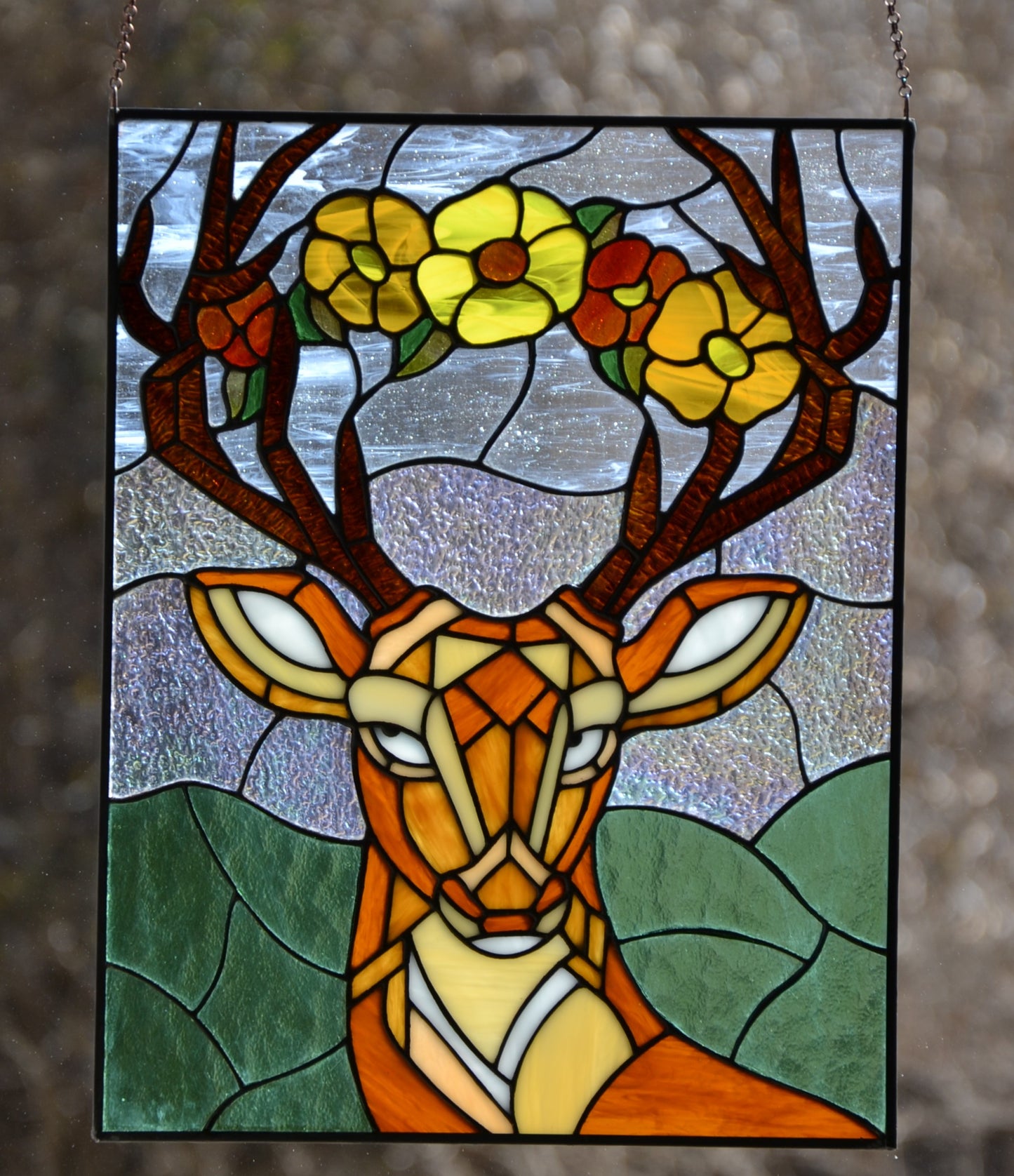 Stained glass Window hanging Deer in love Flower suncatcher Stained glass gift Garden decor Stain glass art Wall decor Living room decor