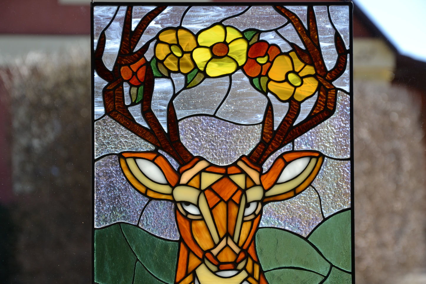 Stained glass Window hanging Deer in love Flower suncatcher Stained glass gift Garden decor Stain glass art Wall decor Living room decor