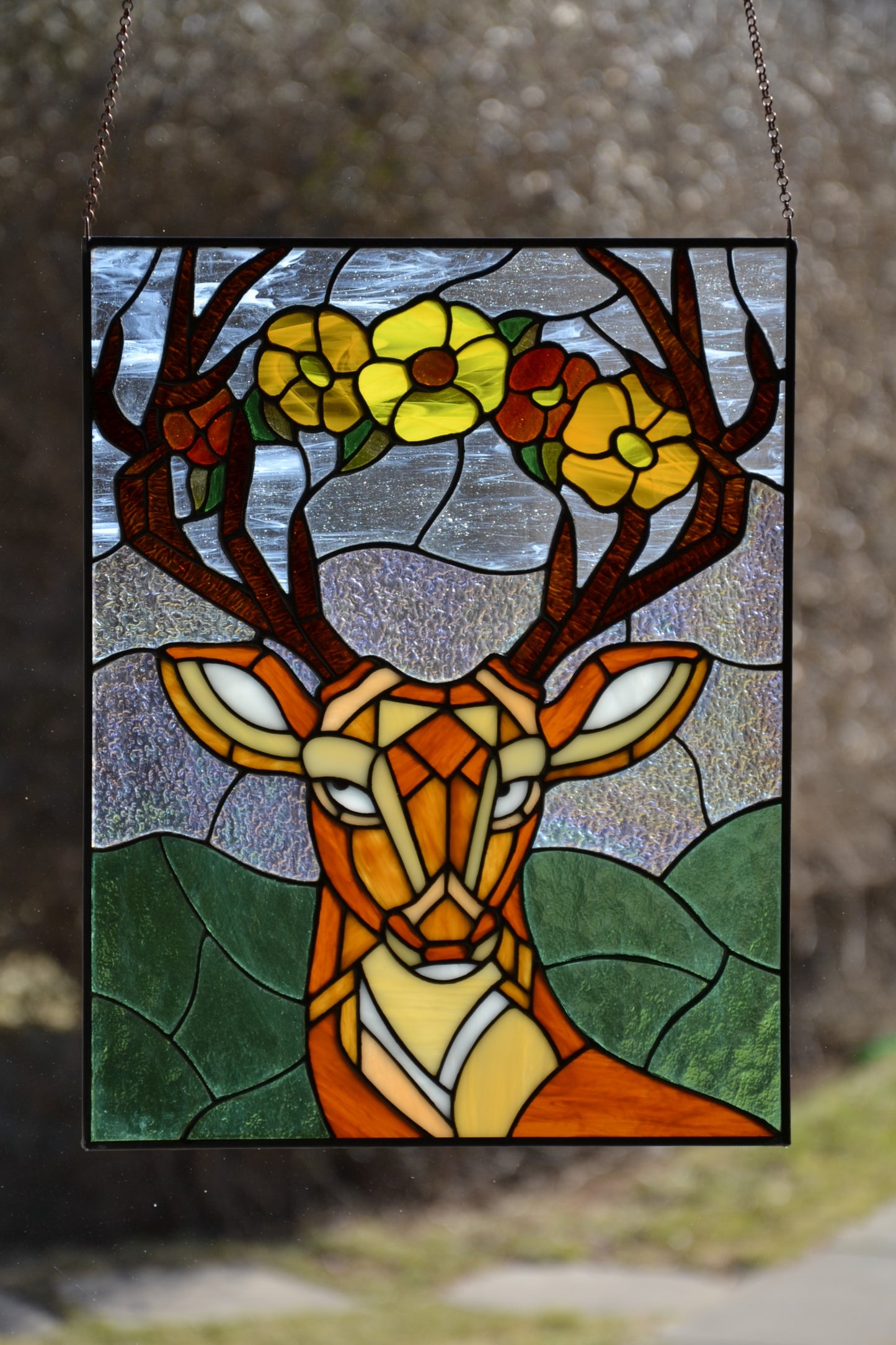 Stained glass Window hanging Deer in love Flower suncatcher Stained glass gift Garden decor Stain glass art Wall decor Living room decor