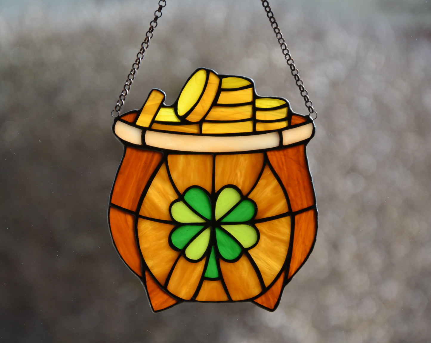 Stained glass suncatcher Leprechaun pot full of gold Protective amulet Window hanging Irish decor Mother's day gift