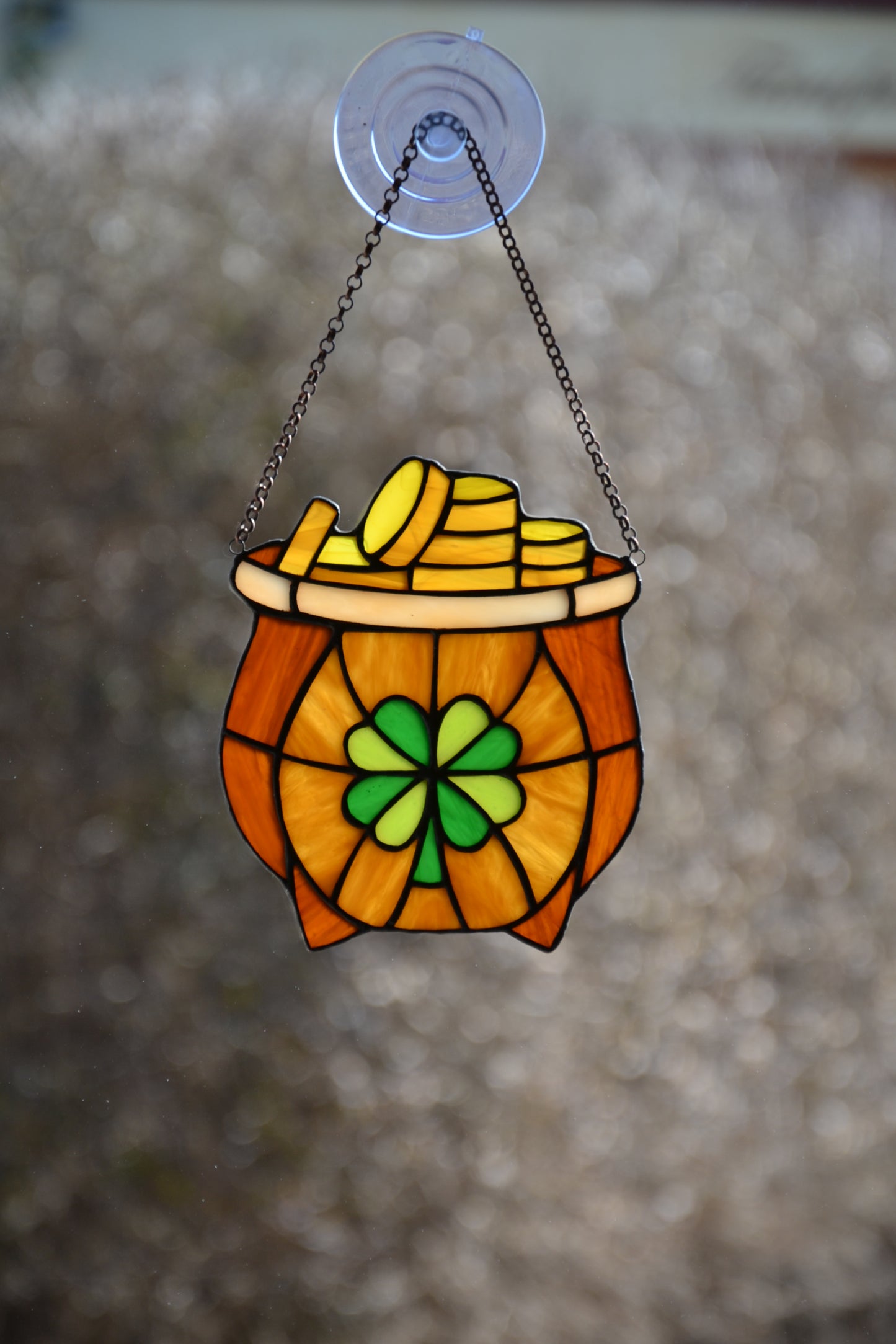 Stained glass suncatcher Leprechaun pot full of gold Protective amulet Window hanging Irish decor Mother's day gift