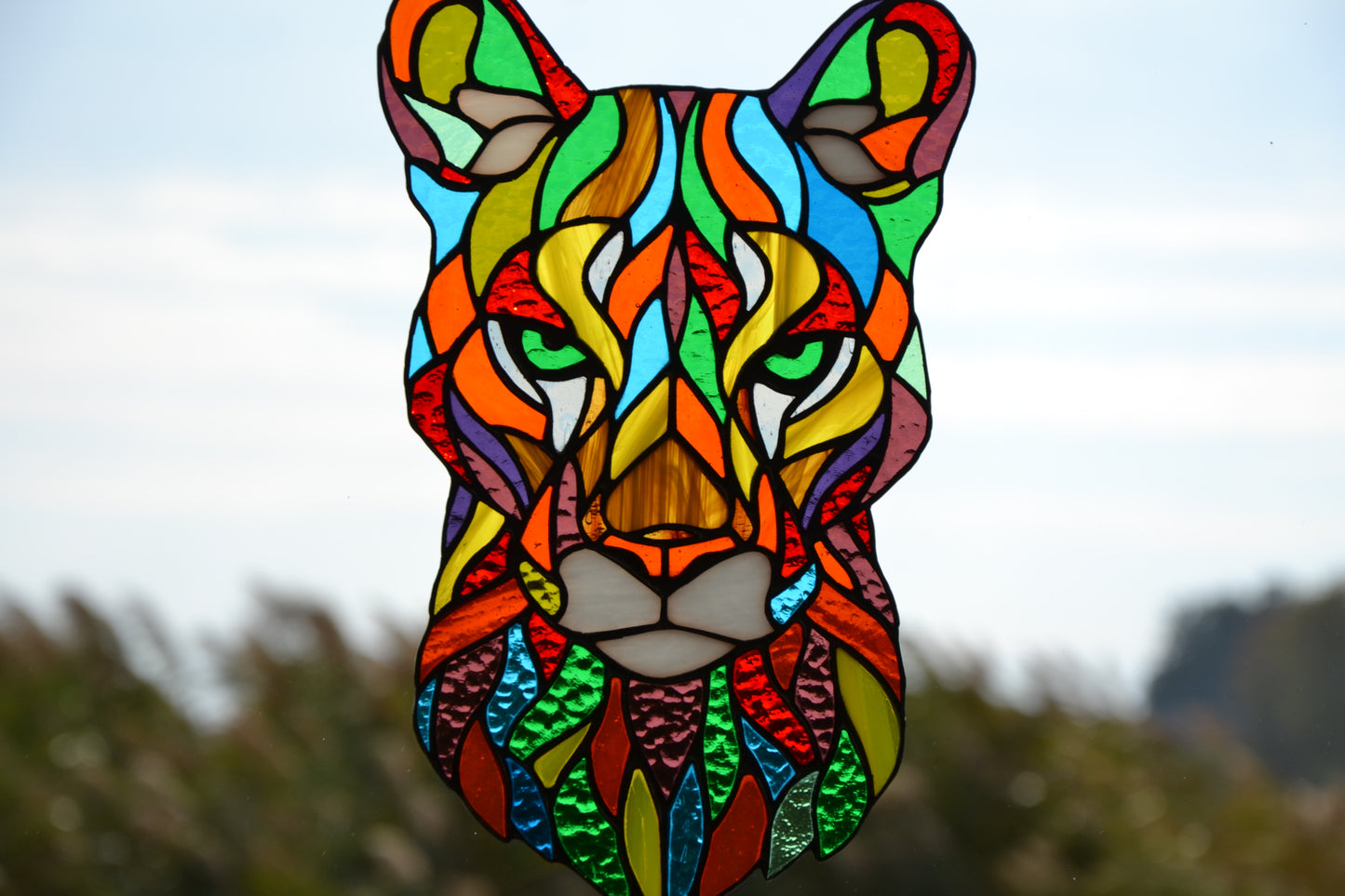 Stained glass hanging Mountain lion Glass suncatcher Puma stain glass decor Glass animal Garden decor Birthday gift Funny beast hanging