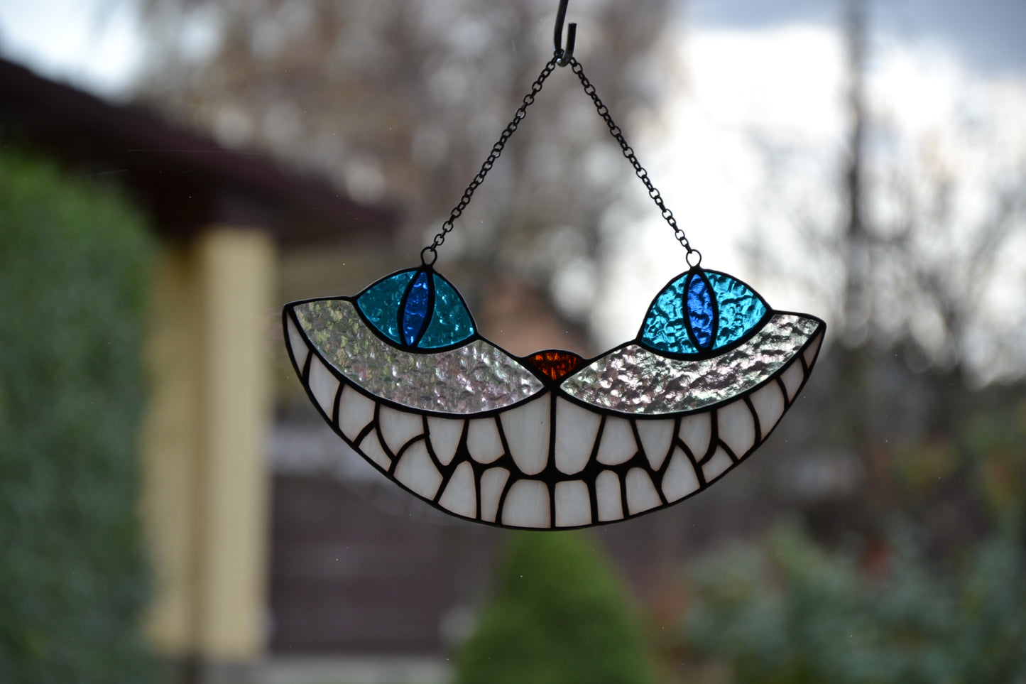 Cheshire Cat Suncatcher Stained glass window hanging Alice in the Wonderland Stained glass window Wall art hanging Gift idea Garden decor Christmas gift