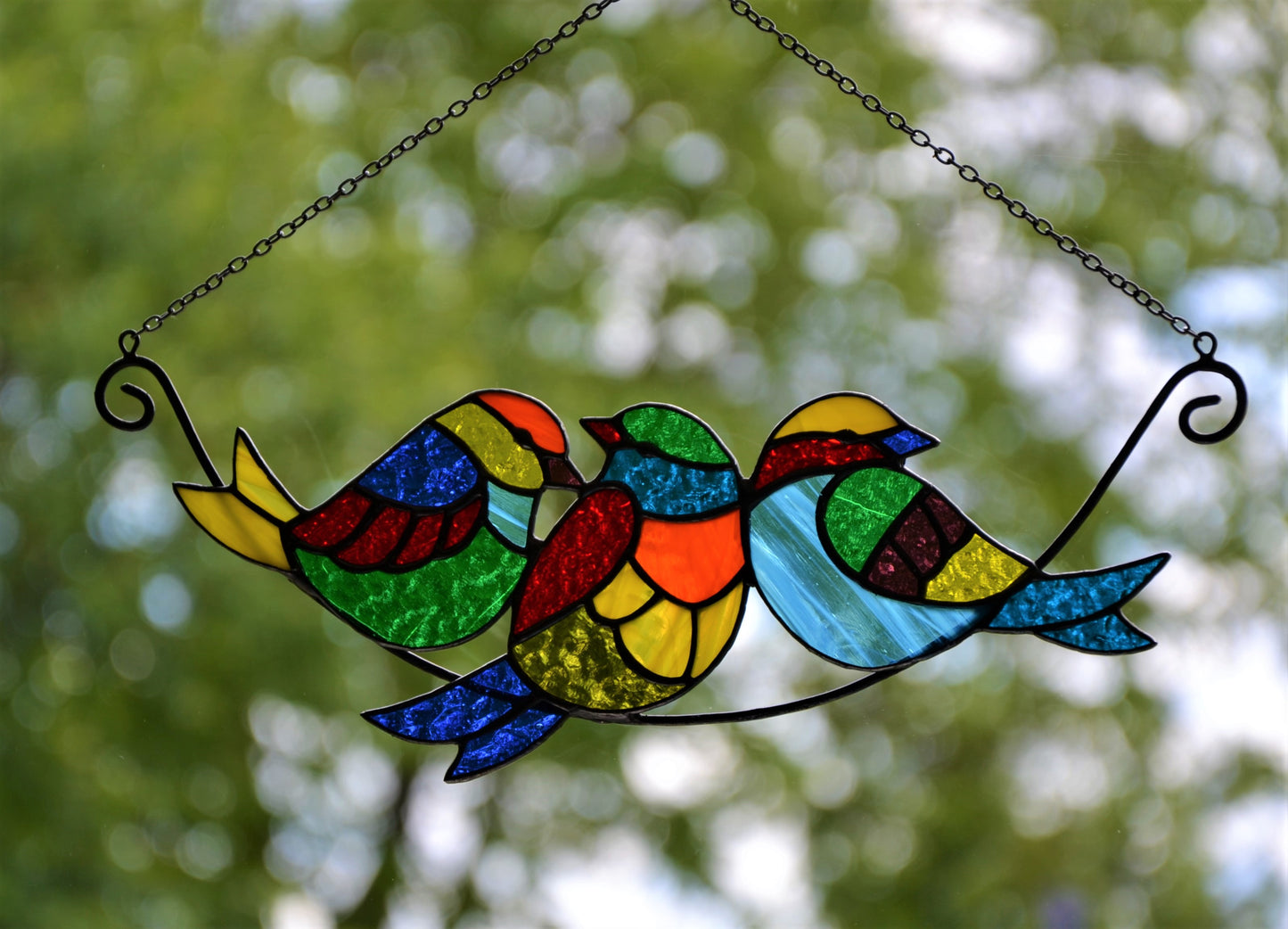 Birds on a branch suncatcher Mother's day gift Stained glass window hanging Multicolor birds Wall decor Xmas gift Garden hanging Living room  Christmas gift