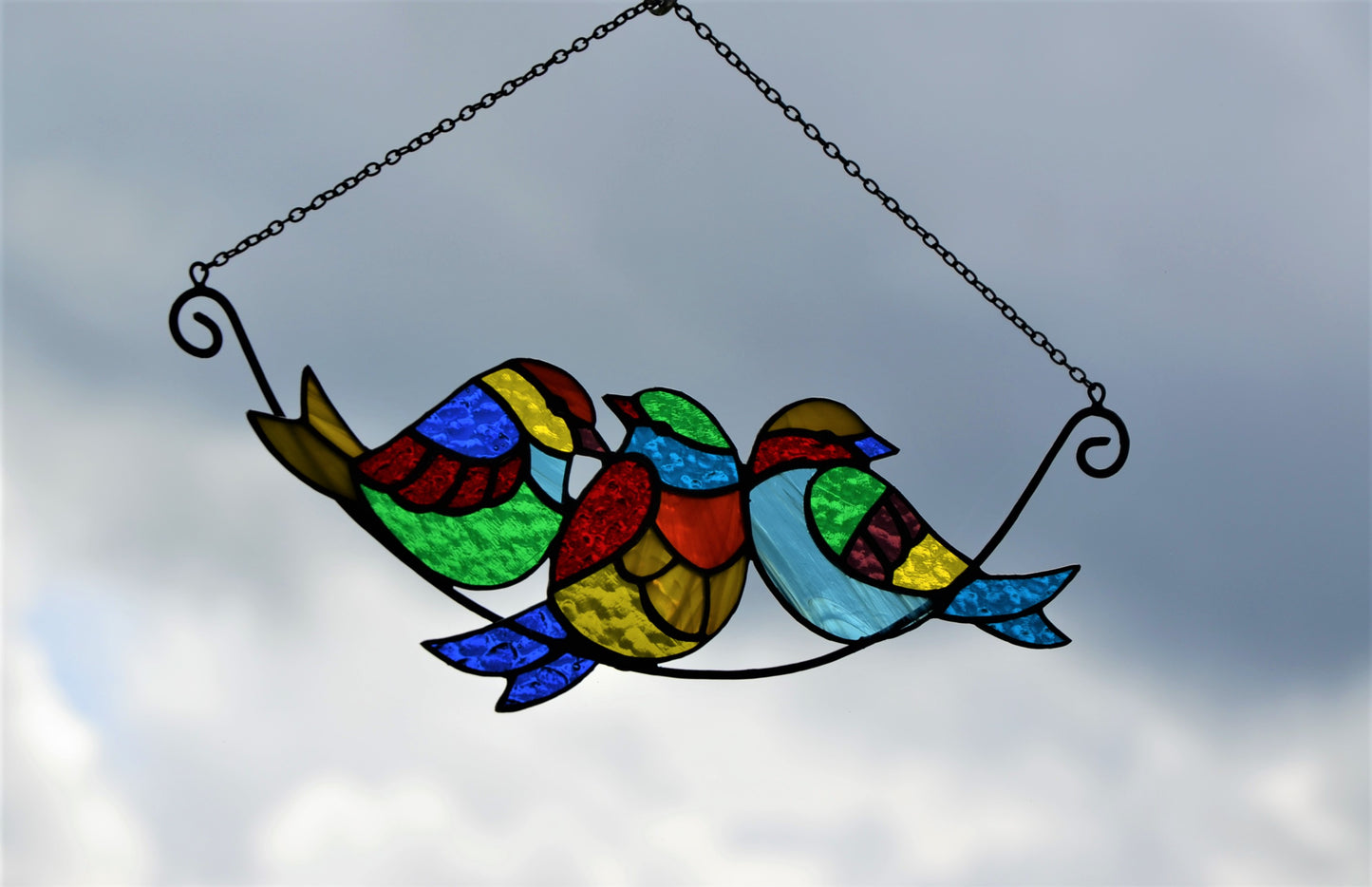 Birds on a branch suncatcher Mother's day gift Stained glass window hanging Multicolor birds Wall decor Xmas gift Garden hanging Living room Christmas gift