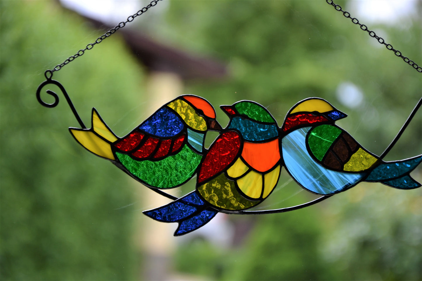 Birds on a branch suncatcher Mother's day gift Stained glass window hanging Multicolor birds Wall decor Xmas gift Garden hanging Living room Christmas gift