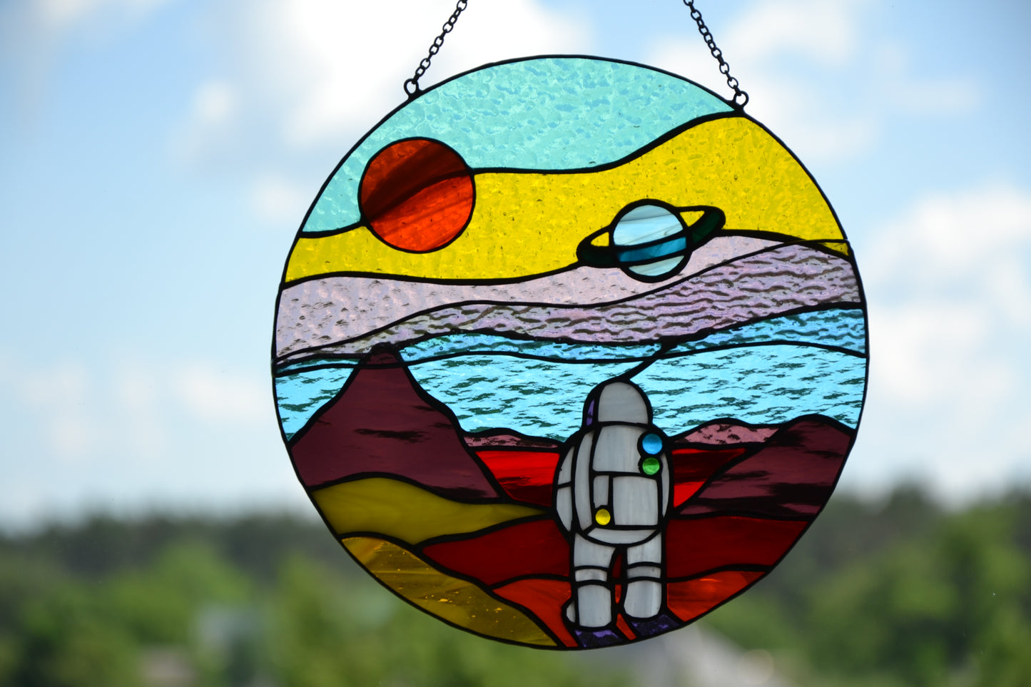 Stained glass suncatcher Space landscape Window hanging sun catcher Christmas gift Stained glass art Wall decor Mars mission Round panel