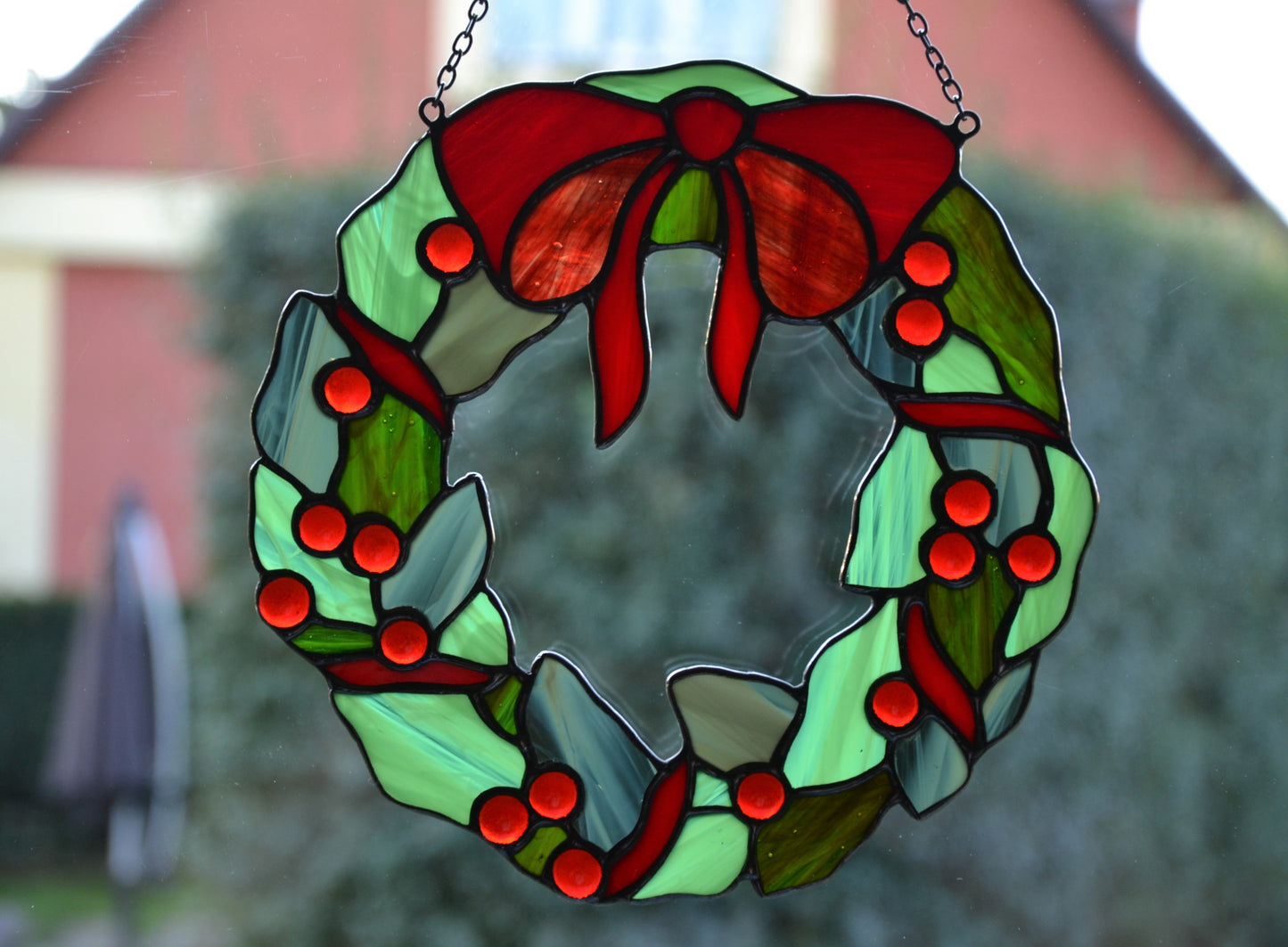 Stained glass window hanging Christmas wreath Suncatcher Wall decor Custom stained glass Christmas gift Door decor Garden hanging Glass art