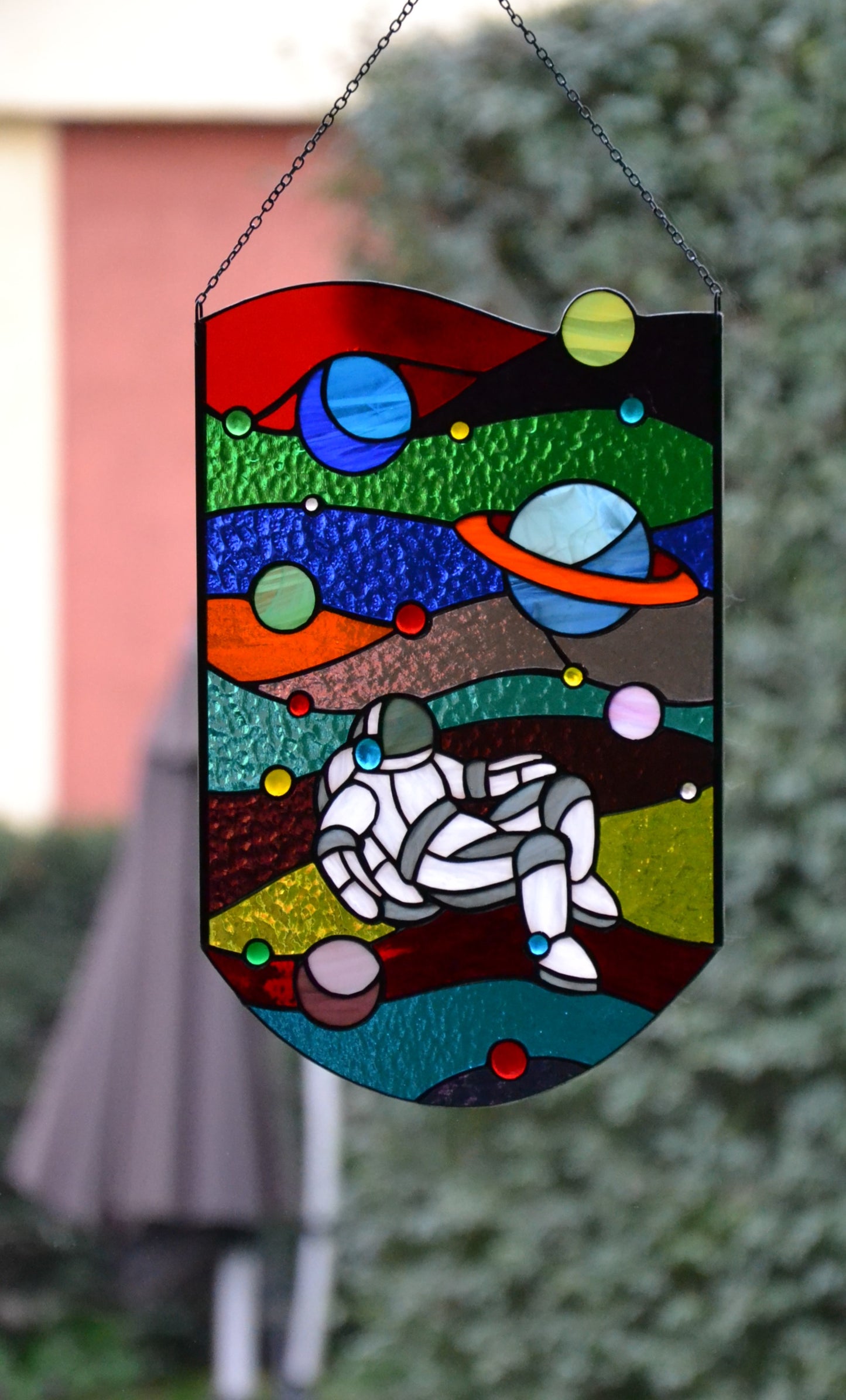 Stained glass panel Astronaut Window hanging suncatcher Stain glass decor Space landscape Gift for him Wall art Window pendant Xmas gift