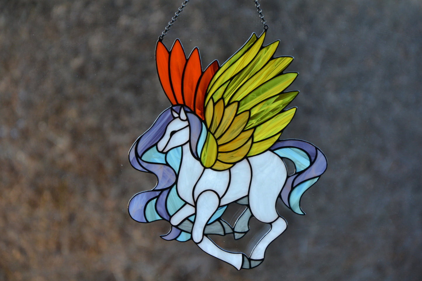 Stained glass sun catcher Pegasus Stained glass window hanging Christmas gift Wall decor Stain glass panel Glass horse Fairy tale character