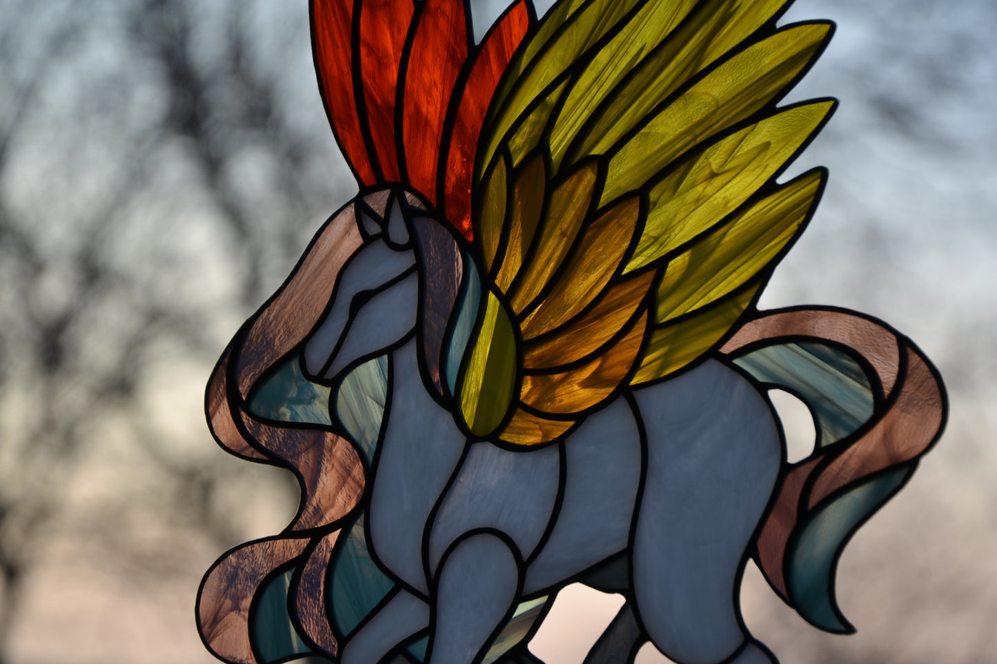 Stained glass sun catcher Pegasus Stained glass window hanging Christmas gift Wall decor Stain glass panel Glass horse Fairy tale character