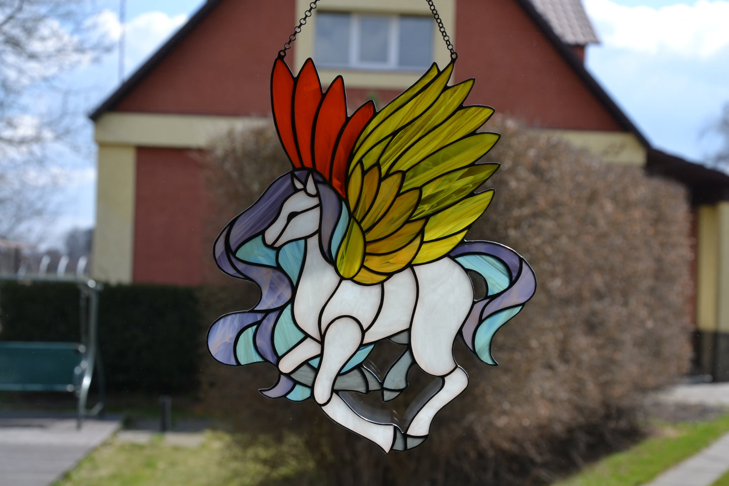 Stained glass sun catcher Pegasus Stained glass window hanging Christmas gift Wall decor Stain glass panel Glass horse Fairy tale character