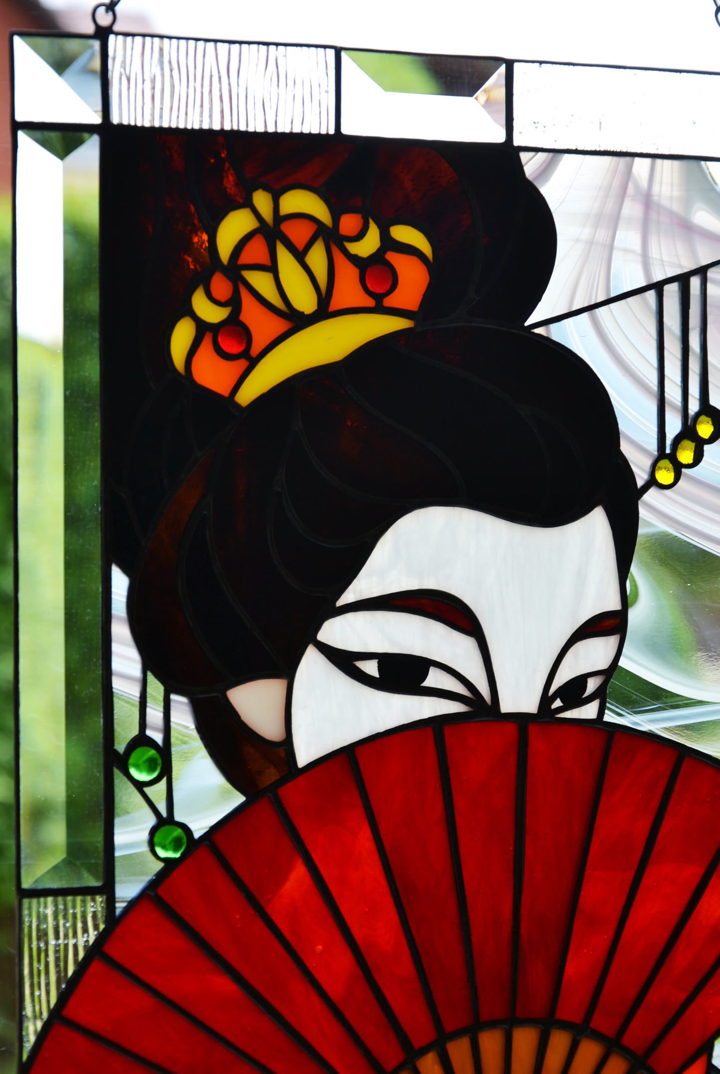 Stained glass panel Geisha image Japanese style Window hanging suncatcher Wall decor Glass fan Stain glass gift Custom order Stain window