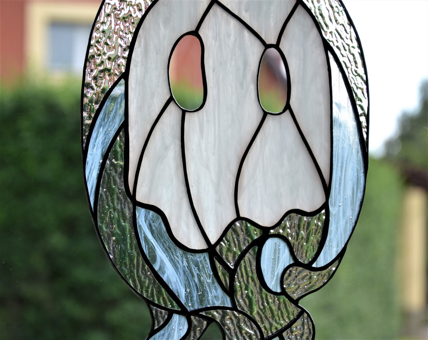 Stained glass suncatcher Ghost window hanging Stained glass decoration Fany gift Bedroom decor Garden hanging White glass Wall decor