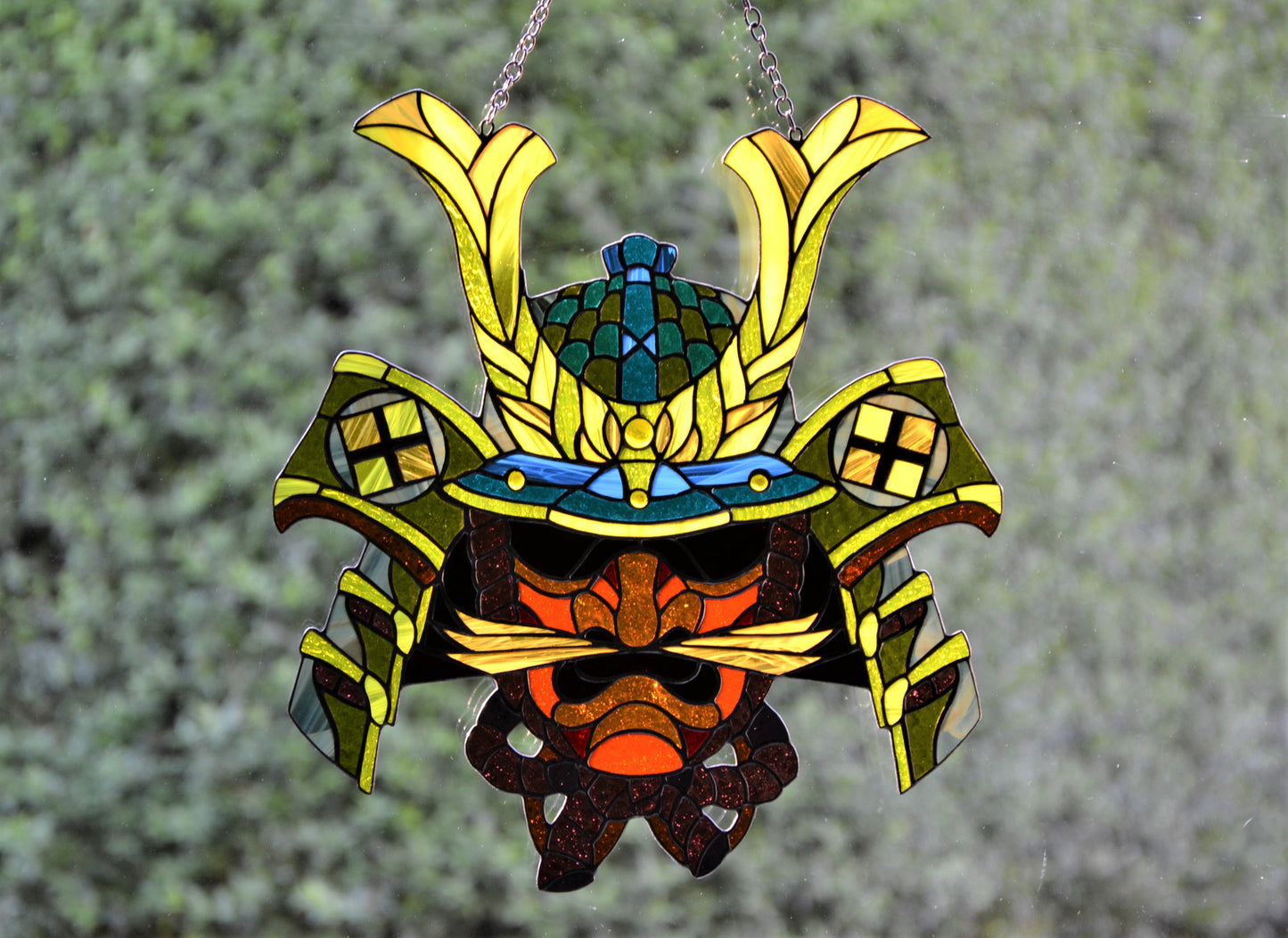 Stained glass window hanging Suncatcher Samurai face Stain glass art Wall decor Tiffany style Custom stain glass panel Glass mask Xmas gift