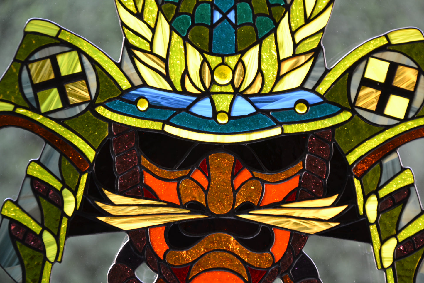 Stained glass window hanging Suncatcher Samurai face Stain glass art Wall decor Tiffany style Custom stain glass panel Glass mask Xmas gift