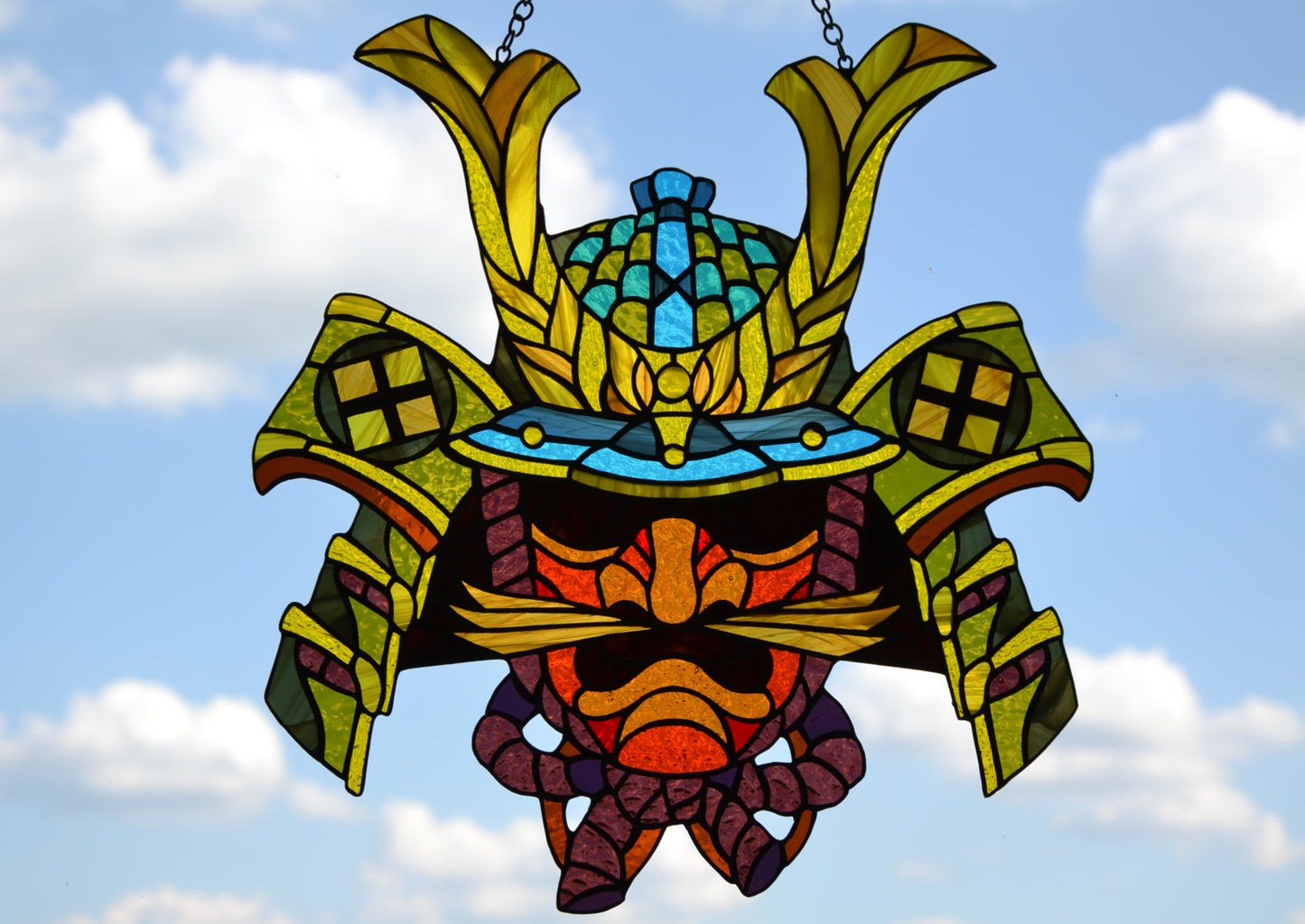 Stained glass window hanging Suncatcher Samurai face Stain glass art Wall decor Tiffany style Custom stain glass panel Glass mask Xmas gift