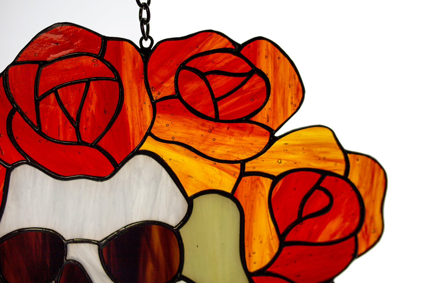 Stained glass suncatcher Grateful Dead Berta Skull and roses Music logo Glass art Santa muerte Glass calavera Gift for a man Stain glass