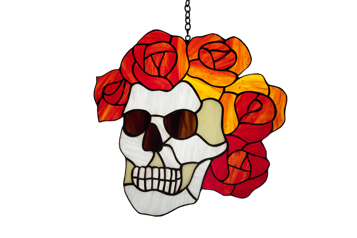 Stained glass suncatcher Grateful Dead Berta Skull and roses Music logo Glass art Santa muerte Glass calavera Gift for a man Stain glass