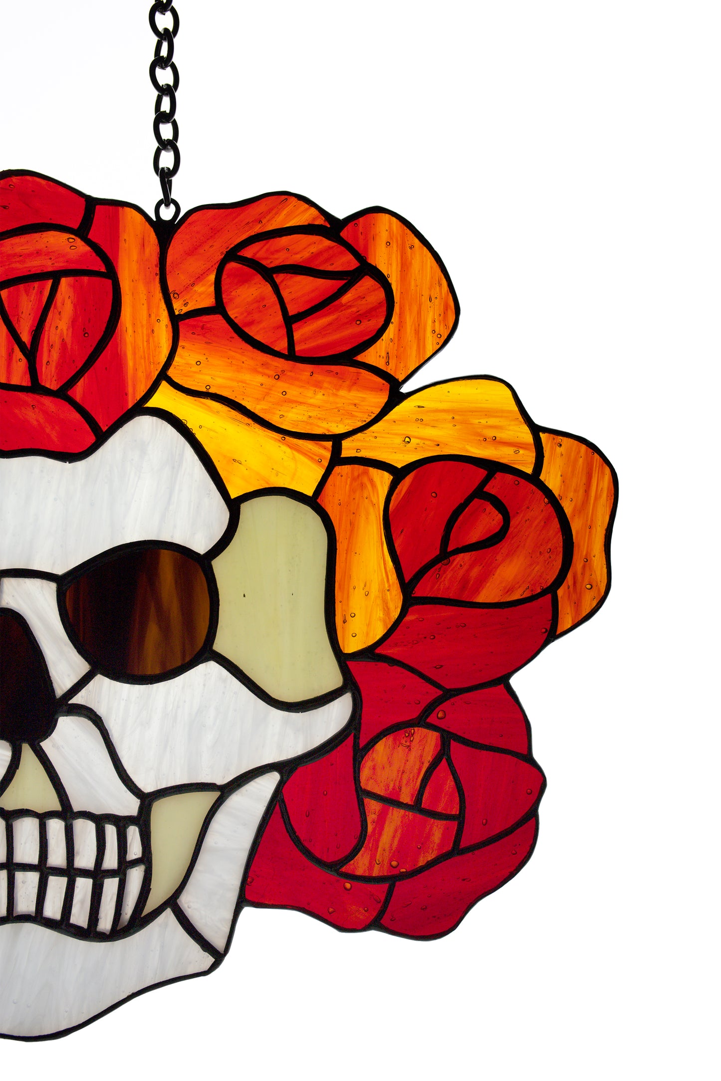Stained glass suncatcher Grateful Dead Berta Skull and roses Music logo Glass art Santa muerte Glass calavera Gift for a man Stain glass
