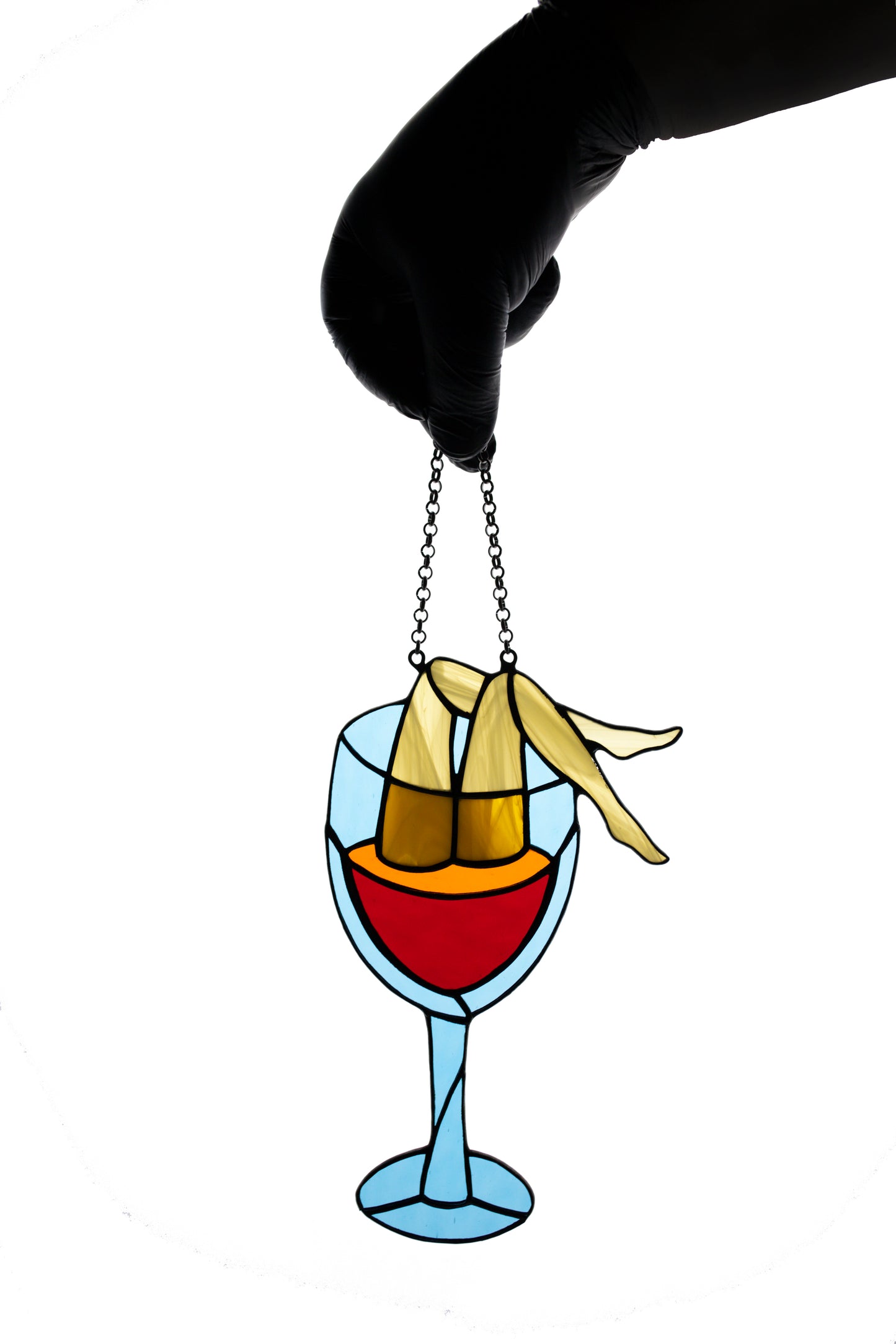 Suncatcher Stained glass window hanging Wine diving Stain glass art Wall decor Gift for her Wine glass Joke gift Handmade gift Xmas gift