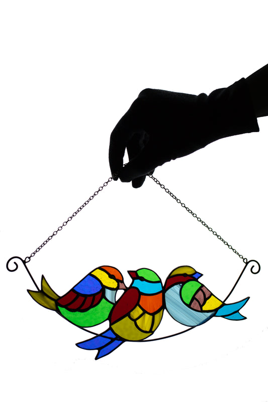 Birds on a branch suncatcher Mother's day gift Stained glass window hanging Multicolor birds Wall decor Xmas gift Garden hanging Living room  Christmas gift