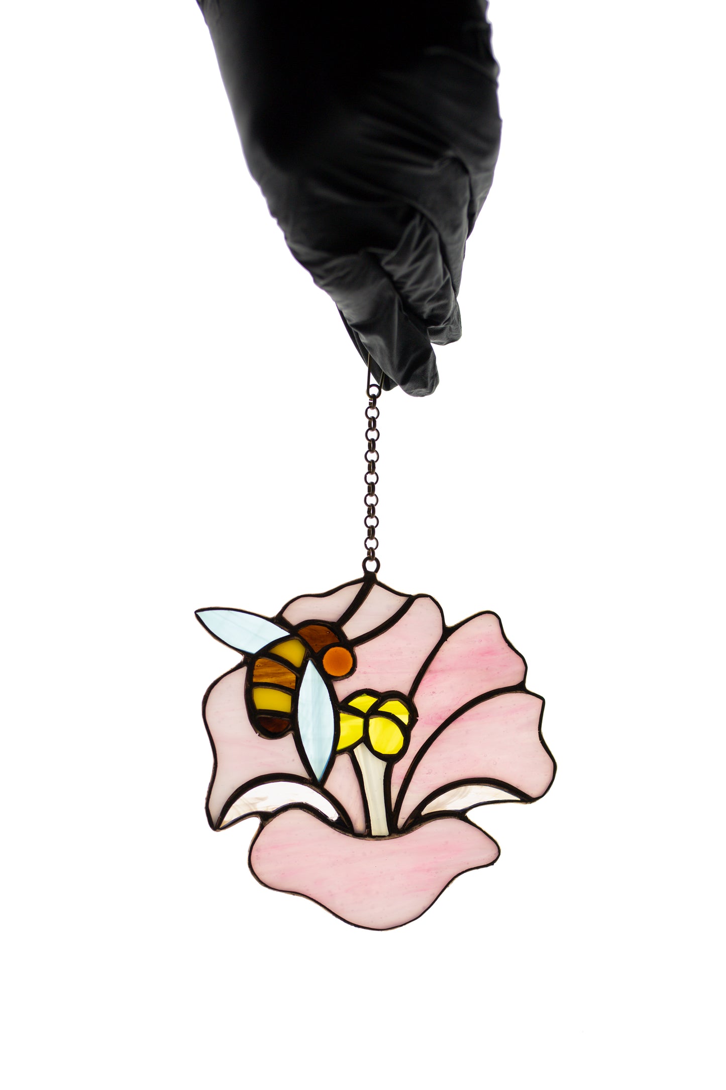 Bee and flower stained glass suncatcher Window hanging sun catcher Pink Hibiscus Christmas gift
