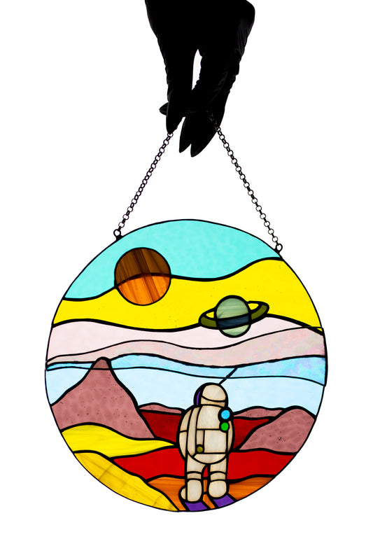 Stained glass suncatcher Space landscape Window hanging sun catcher Christmas gift Stained glass art Wall decor Mars mission Round panel