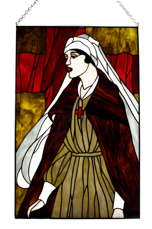 Stained glass panel Wall decor Nurse from the cover of Vogue magazine Stain glass suncatcher Red cross Stained glass portrait Xmas gift