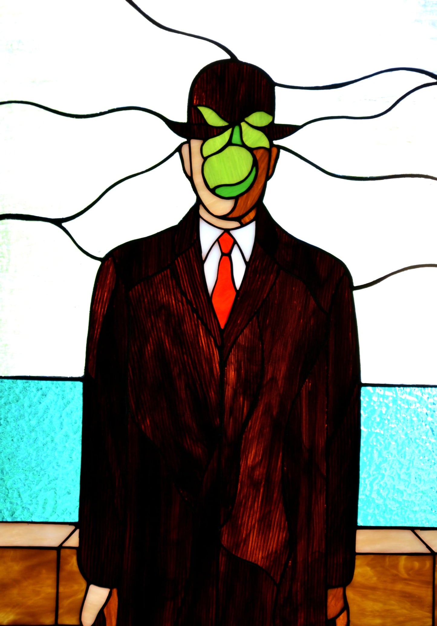 Stained glass panel Son of man Rene Magritte painting Handmade stained glass panel Glass art Reproduction art Suncatcher Mother's day gift