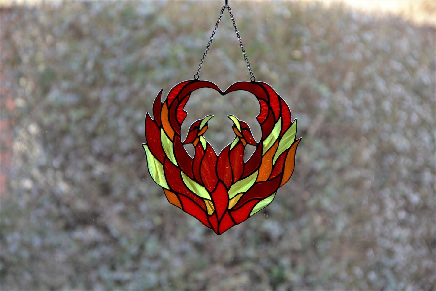 Phoenix suncatcher Stained glass window hanging Gift for Twins Love gift Glass art Flame firebird Mother's day gift