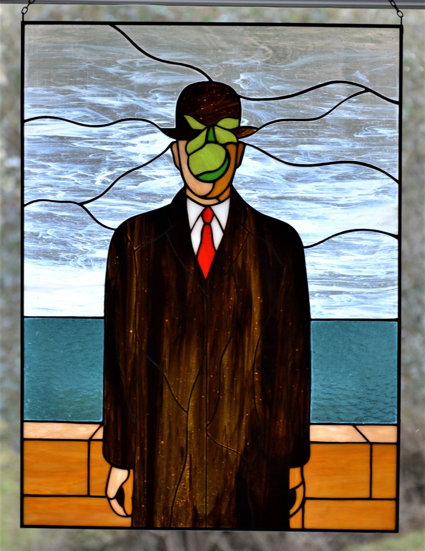 Stained glass panel Son of man Rene Magritte painting Handmade stained glass panel Glass art Reproduction art Suncatcher Mother's day gift